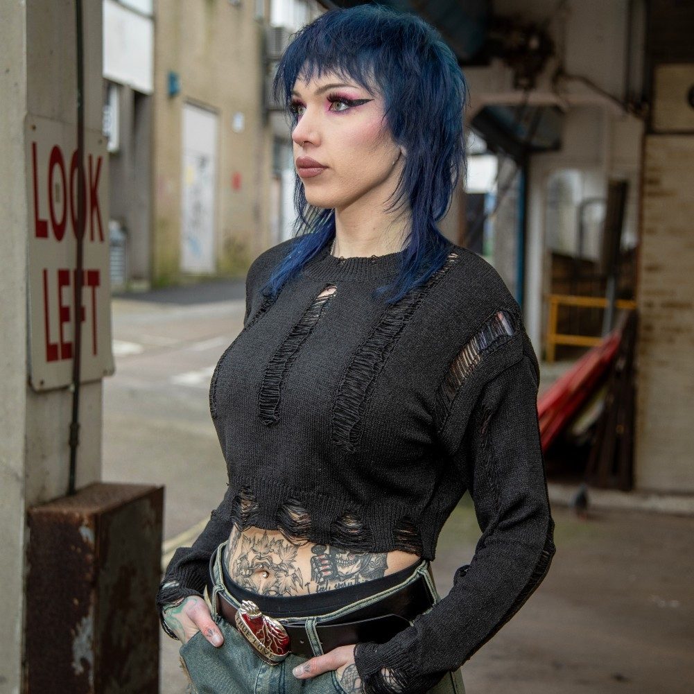 Distressed Knit Crop Top and Denim for Alt Vibes Distressed Knit Crop Top and Denim for Alt Vibes — Alt Outfits 2027