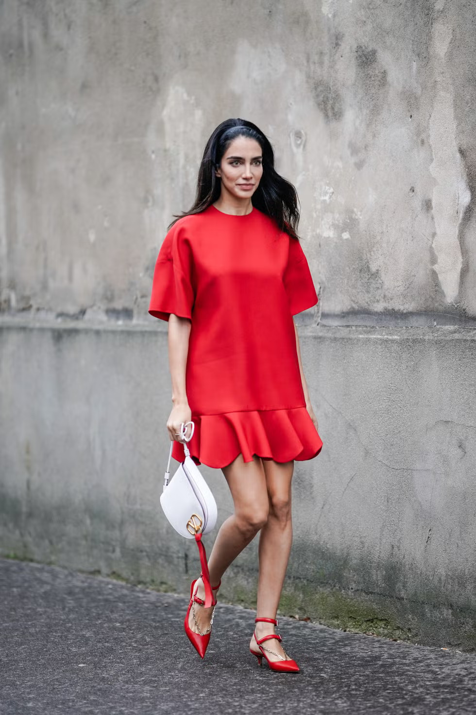 Ruffled Hem T-Shirt Dress with Kitten Heels — T Shirt Dress Outfits 2027
