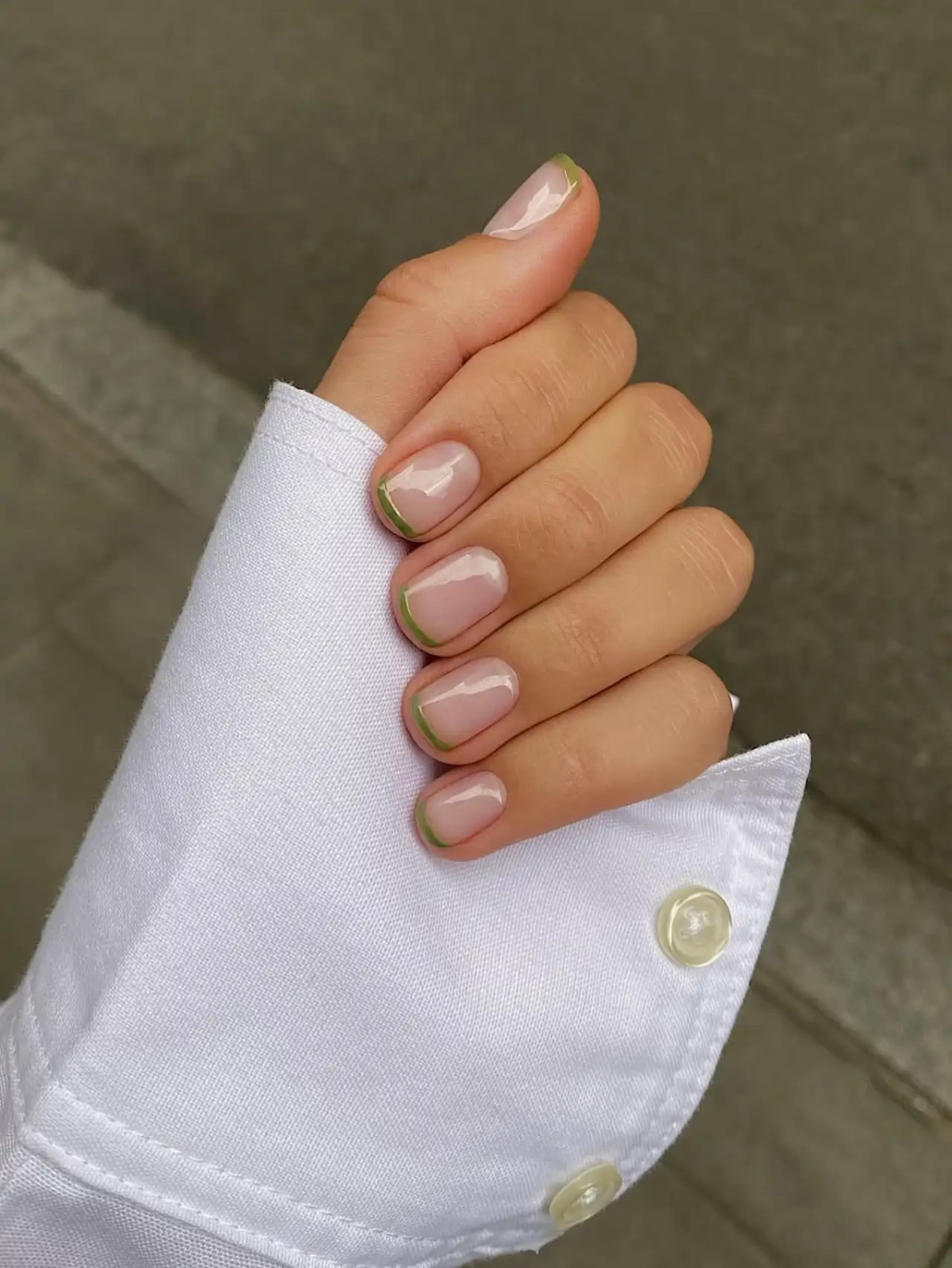 Thin Curved French Tips In Green Visual Idea Thin Curved French Tips In Green Visual Idea — Pastel Nails 2027 for Pale Skin