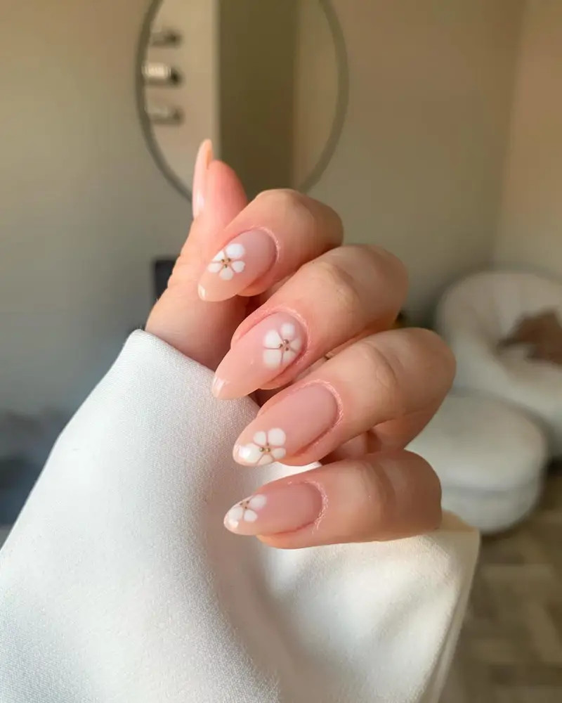 Scattered Pink Floral Motifs on Nude Scattered Pink Floral Motifs on Nude — Floral Acrylic Nails 2027