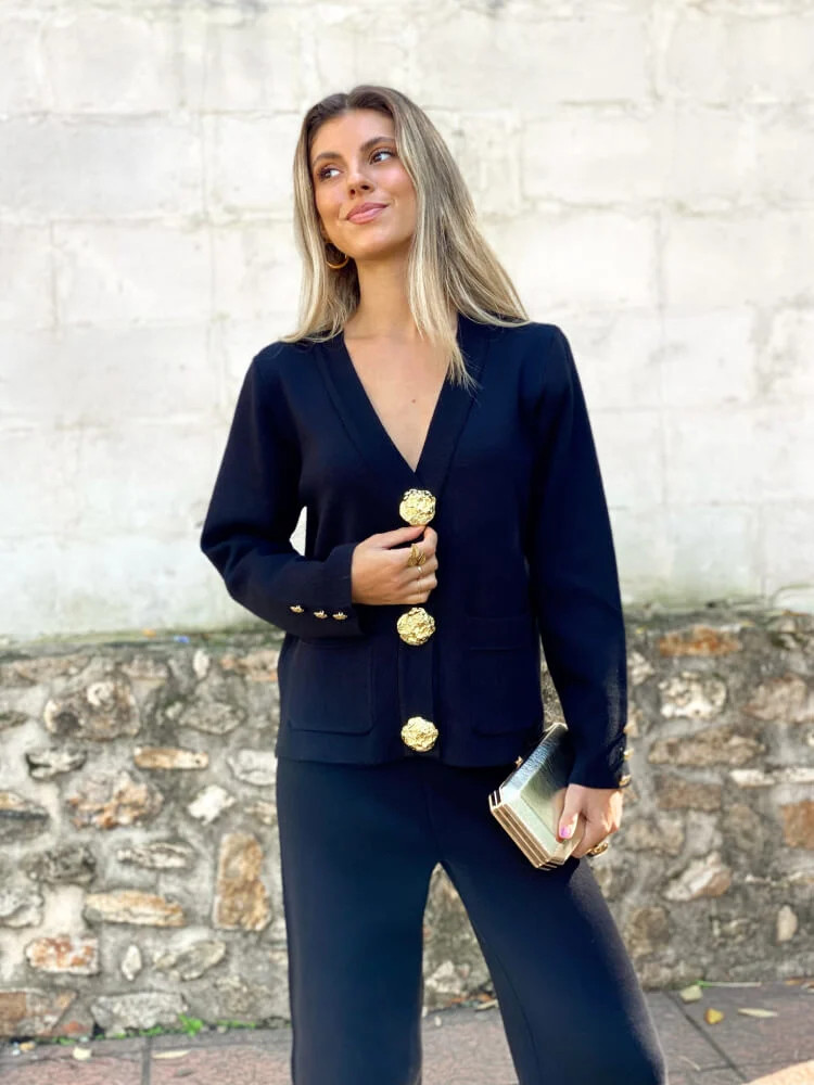 Sophisticated Knit: Navy Wide-Leg Pants with Cardigan and Gold Accents Sophisticated Knit: Navy Wide-Leg Pants with Cardigan and Gold Accents — Navy Blue Wide Leg Pants Outfits 2027