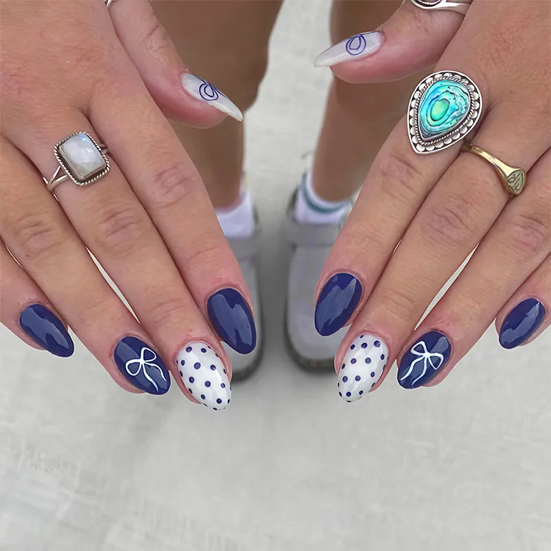 Navy Polka Dot White Bow Almond Nails Navy Polka Dot White Bow Almond Nails — Short Bow Nails 2027
