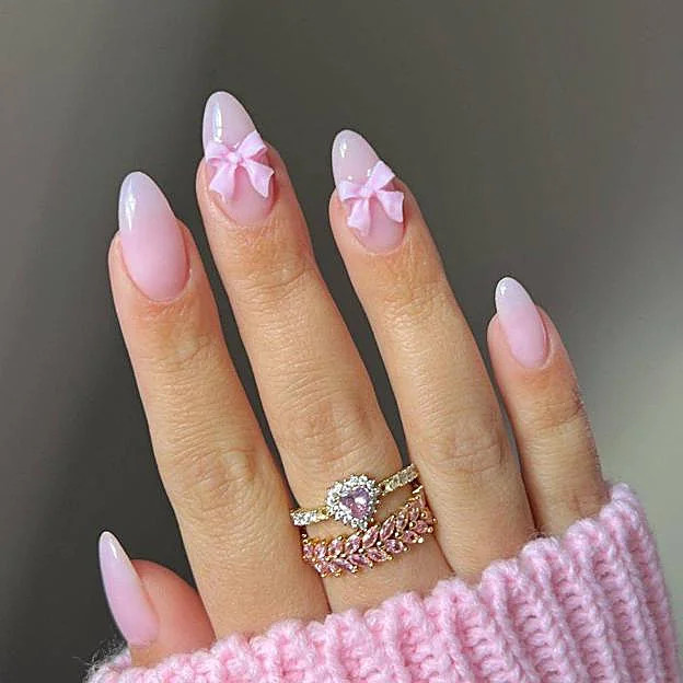 Sheer Milky Pink 3D Pink Bow Almond Nails Sheer Milky Pink 3D Pink Bow Almond Nails — Short Bow Nails 2027