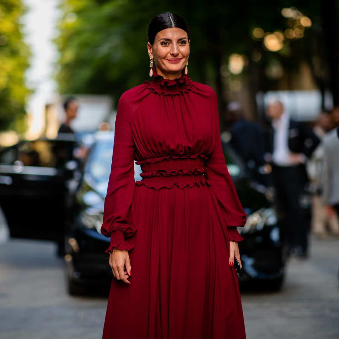 Elegant Burgundy Crepe Dress with Ruffled Neckline Elegant Burgundy Crepe Dress with Ruffled Neckline — Wedding Guest Outfits 2027 for Women Over 50