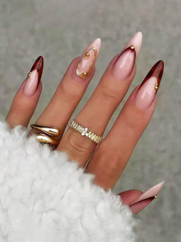Long Stiletto Brown French with Gold Accents — Prom Press On Nails 2027