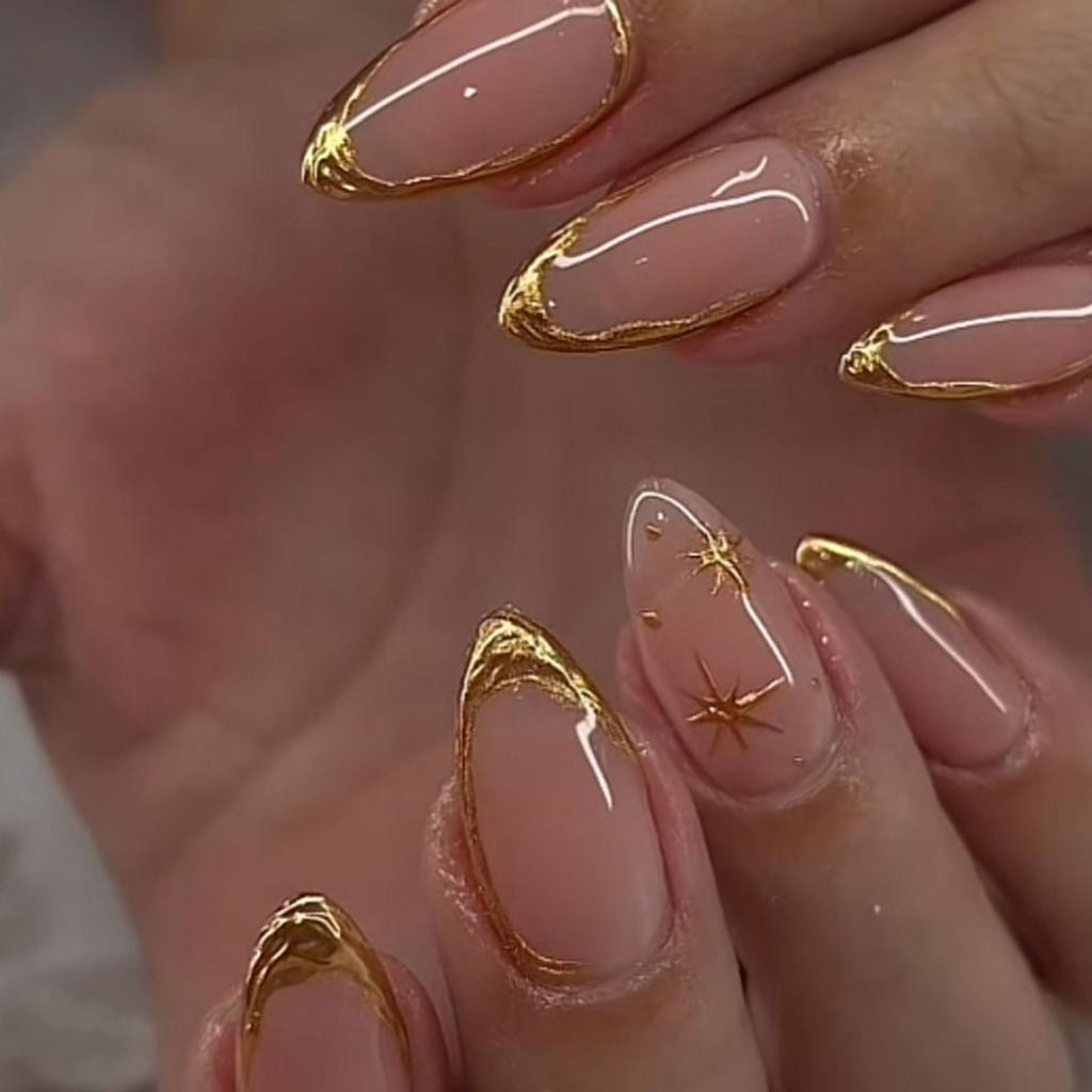 Visual Idea — The Tips Are Adorned With Metallic Gold — Prom Press On Nails 2027