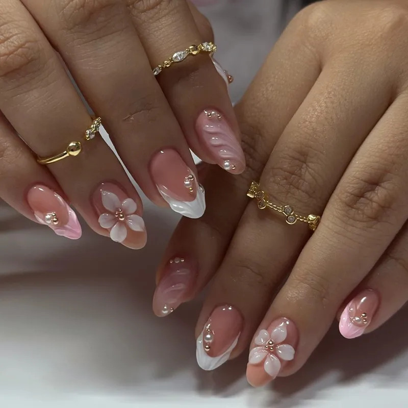 Nude Pink Almond with Floral Pearls — Prom Press On Nails 2027