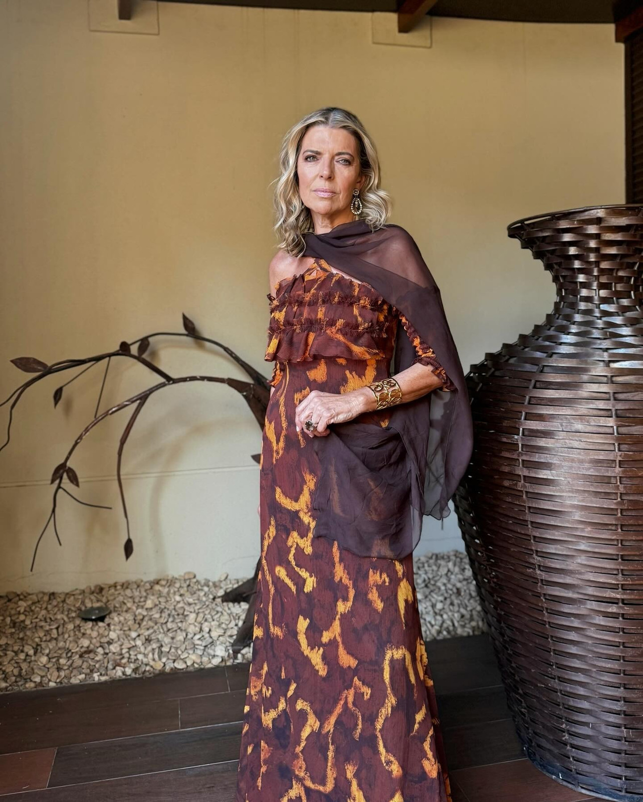 Bold Print One-Shoulder Dress with Draped Scarf Bold Print One-Shoulder Dress with Draped Scarf — Wedding Guest Outfits 2027 for Women Over 50