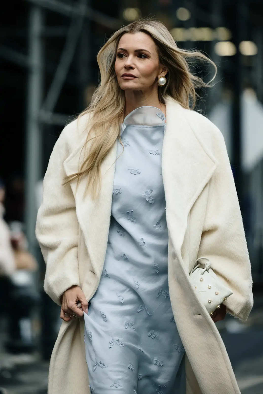 Cream Textured Coat Over a Pale Blue Slip Dress for a Casual Wedding Cream Textured Coat Over a Pale Blue Slip Dress for a Casual Wedding — Wedding Guest Outfits 2027 for Women Over 50