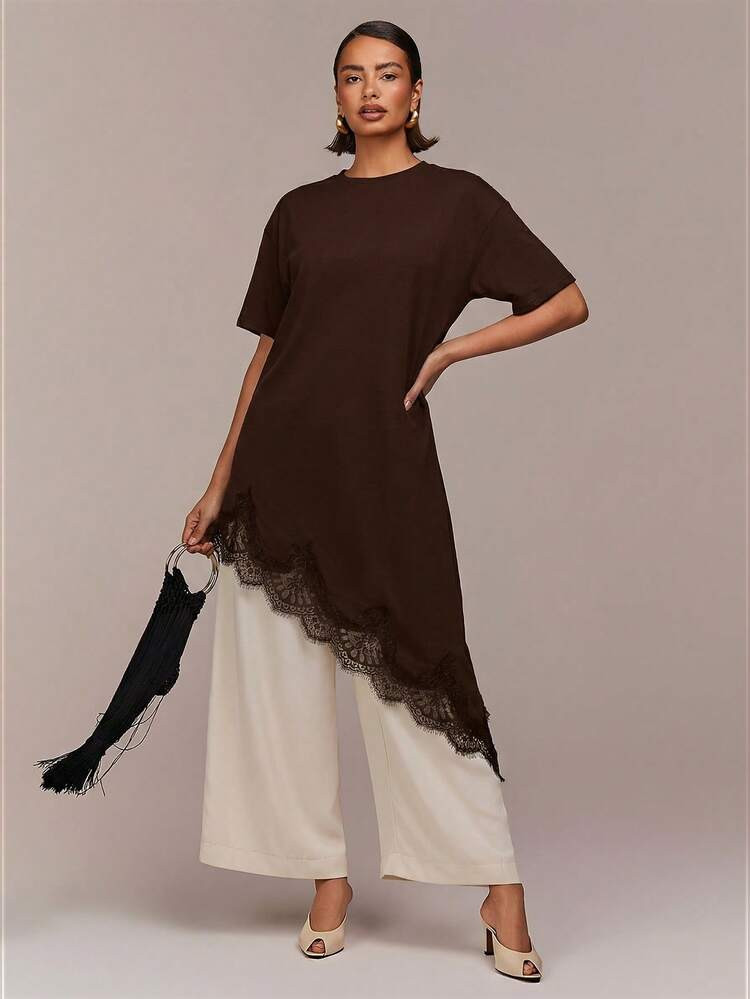 Oversized T-Shirt Dress with Lace Trim Over Trousers — T Shirt Dress Outfits 2027