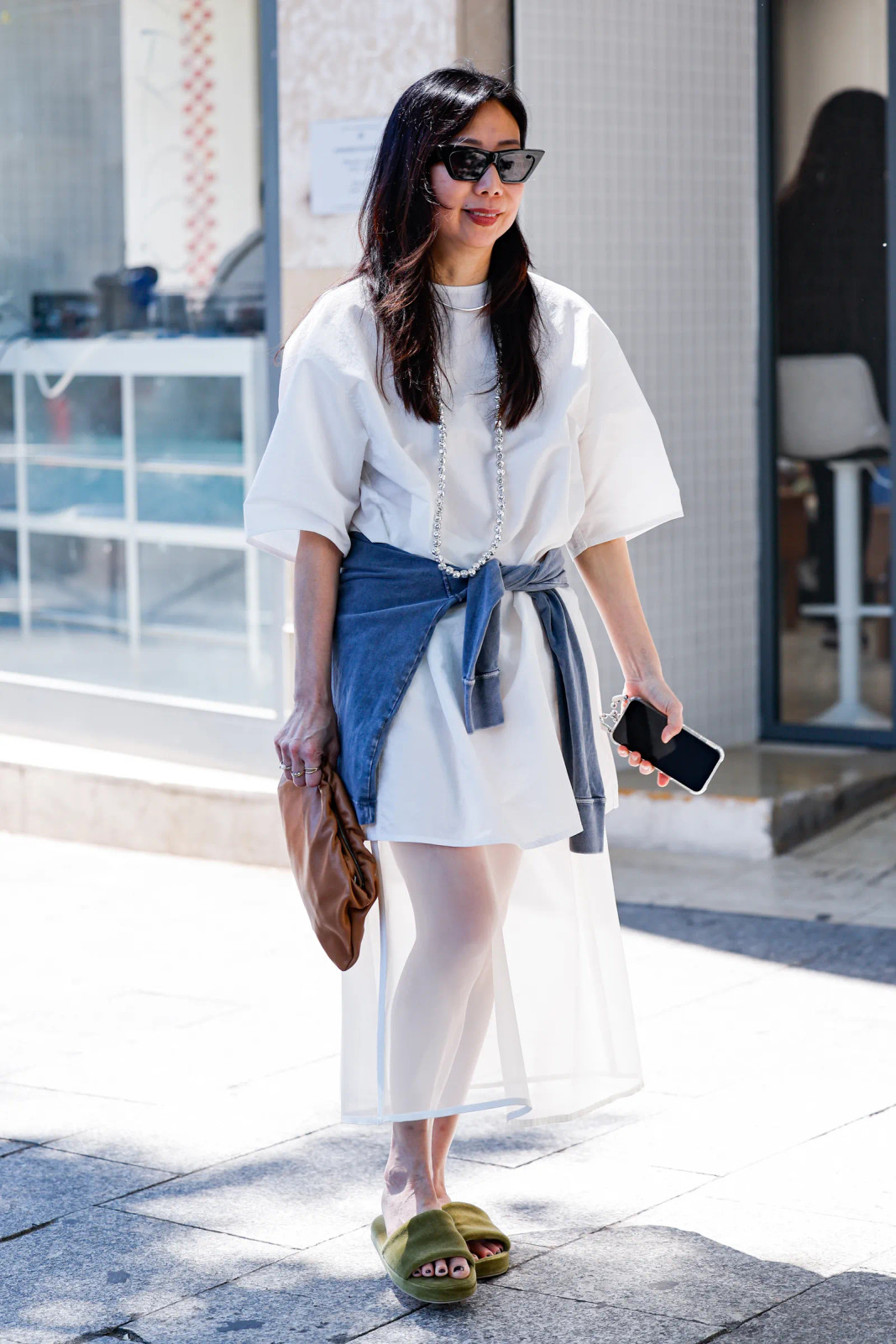 White T-Shirt Dress with Sheer Overlay and Denim Jacket — T Shirt Dress Outfits 2027