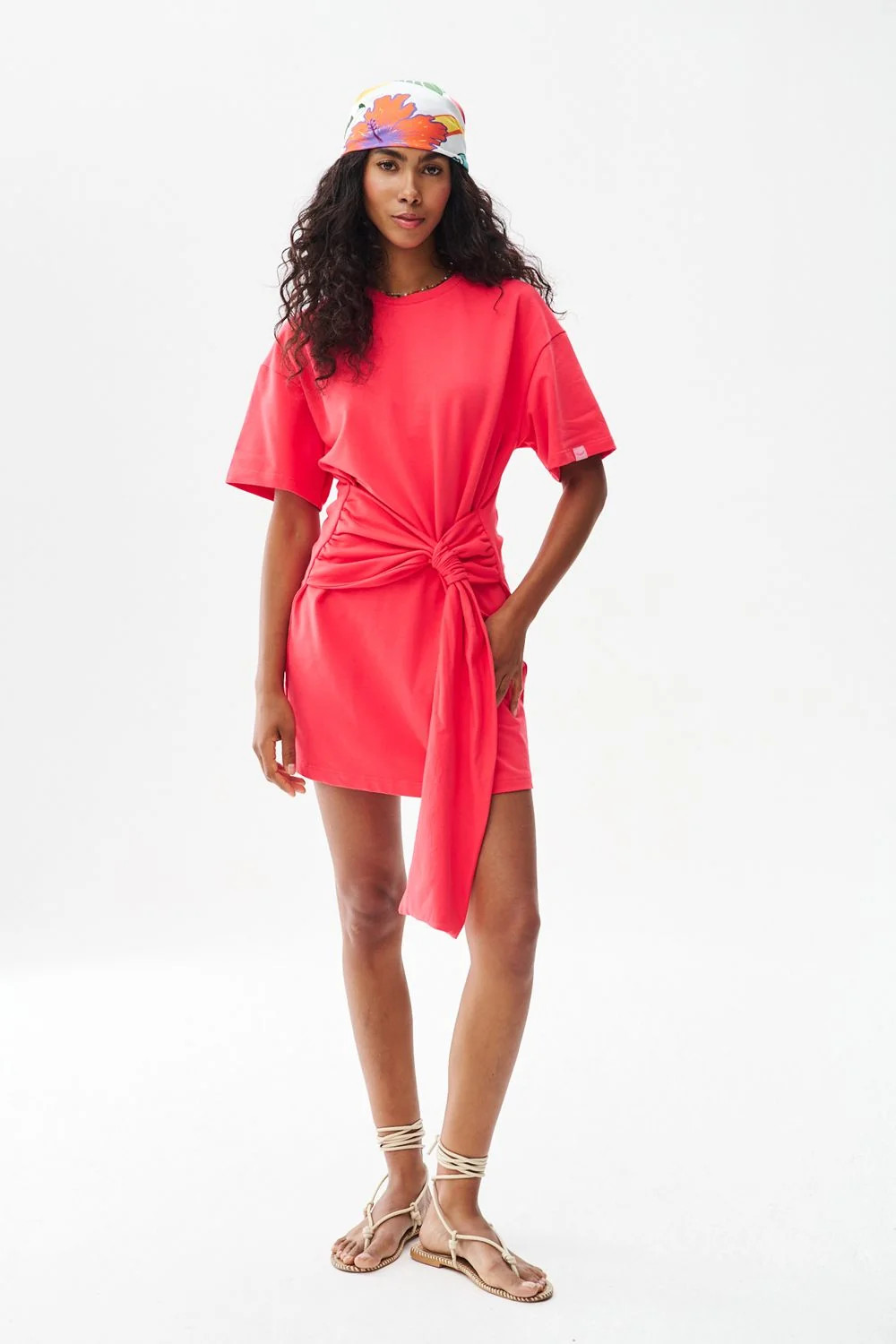 Coral T-Shirt Dress with Knotted Waist and Bandana — T Shirt Dress Outfits 2027