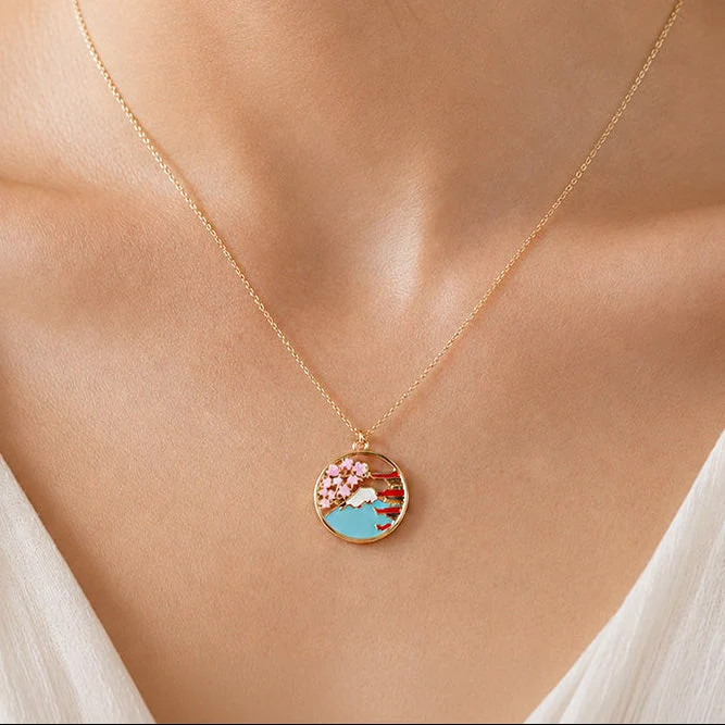 Enamel Mount Fuji Landscape Pendant on a Fine Gold Chain Enamel Mount Fuji Landscape Pendant on a Fine Gold Chain — Locket Necklaces 2027