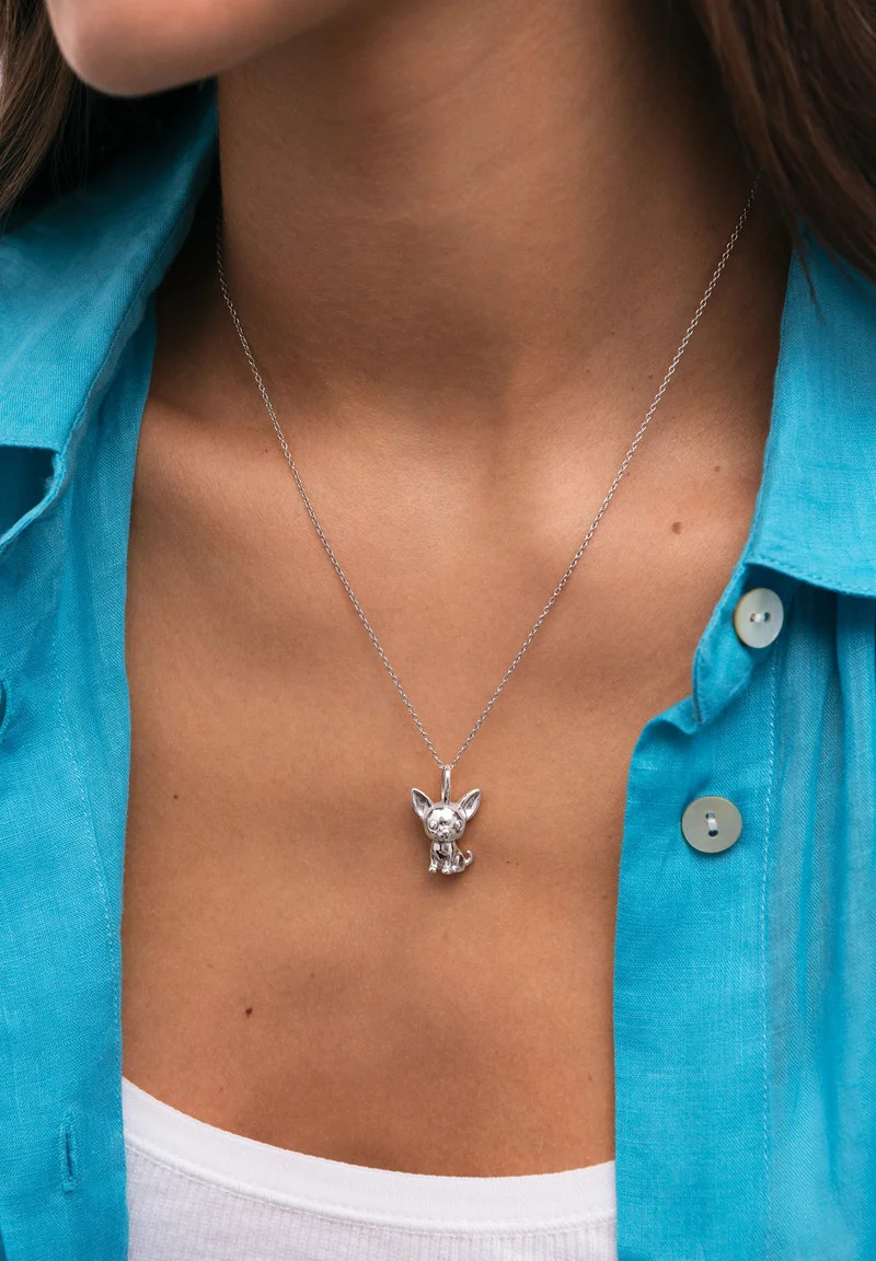 Blue Button-Up and White Undershirt with Dog Pendant Necklace Blue Button-Up and White Undershirt with Dog Pendant Necklace — Locket Necklaces 2027