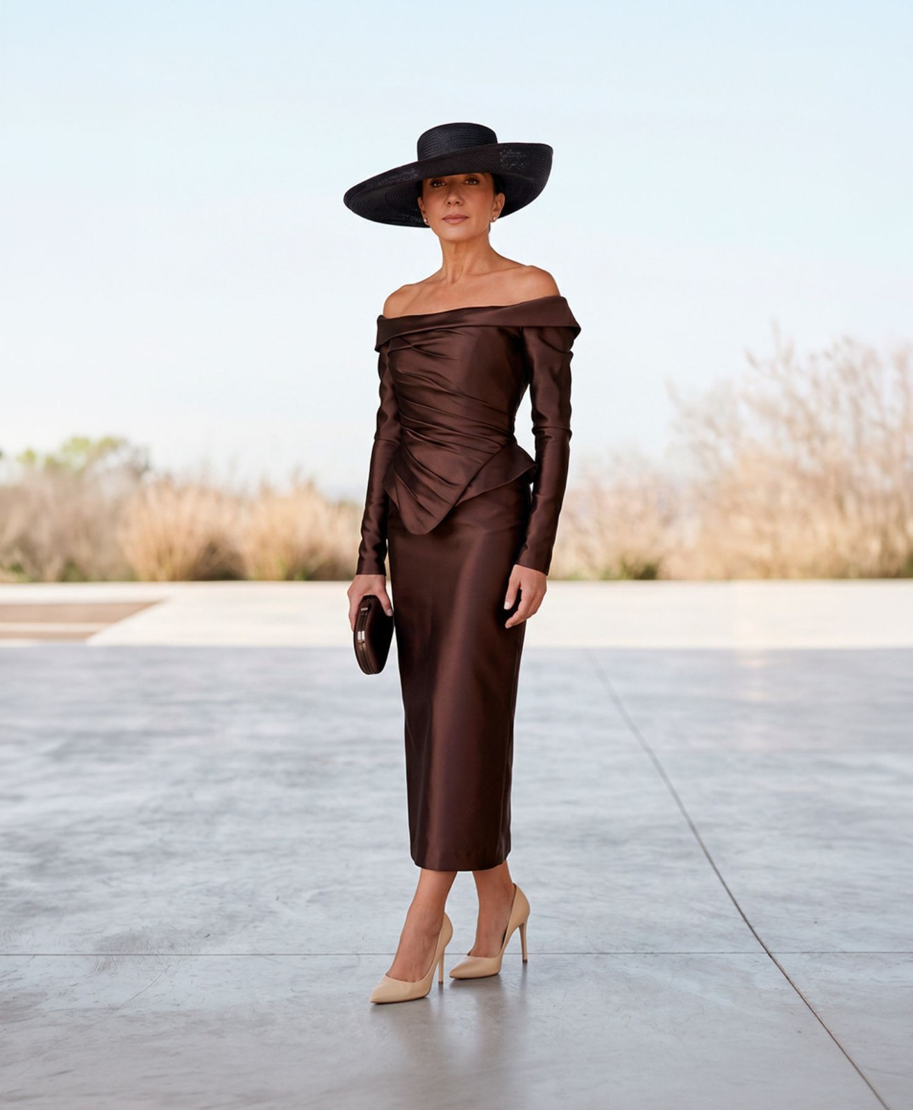 Rich Brown Satin Set with a Statement Wide-Brimmed Hat Rich Brown Satin Set with a Statement Wide-Brimmed Hat — Wedding Guest Outfits 2027 for Women Over 50