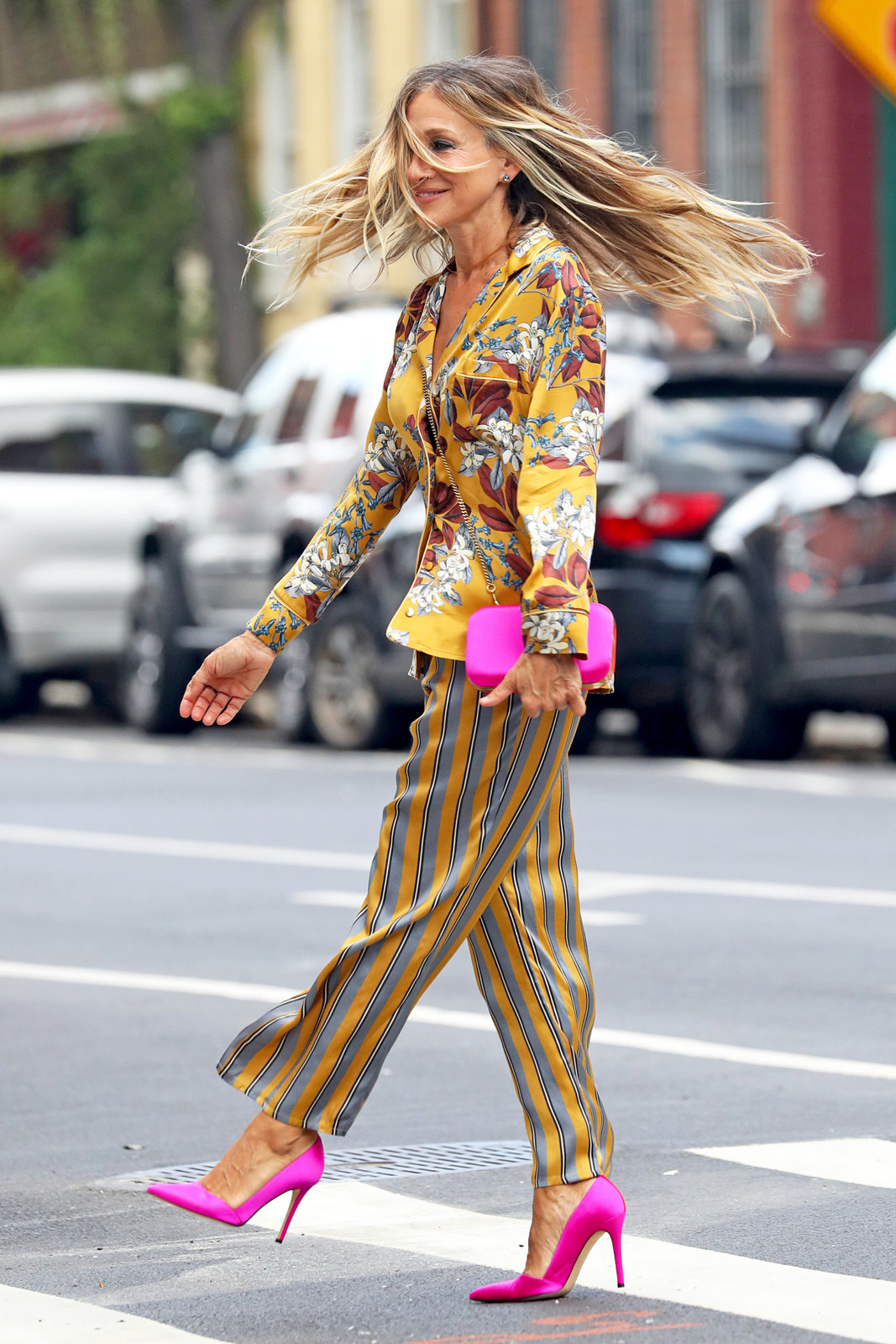 Yellow Floral Silk Blouse with Striped Wide-Leg Trousers Yellow Floral Silk Blouse with Striped Wide-Leg Trousers — Wedding Guest Outfits 2027 for Women Over 50
