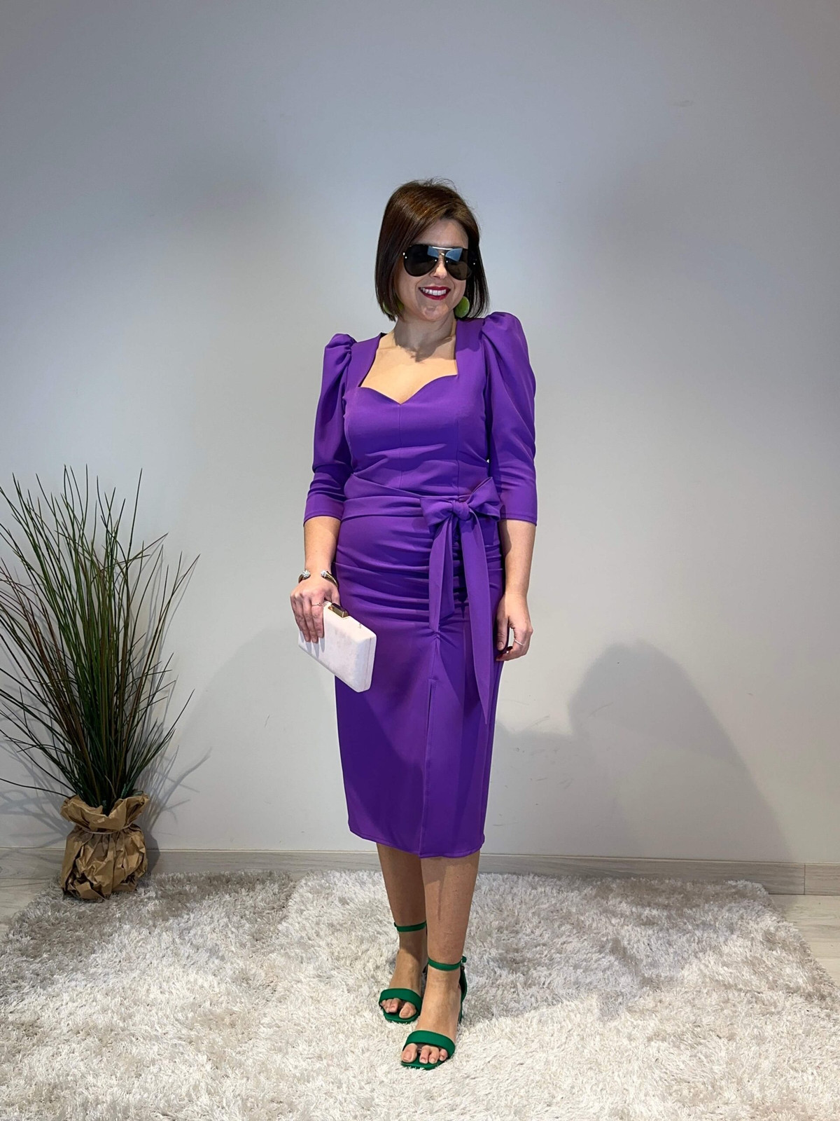 Vibrant Purple Ruched Dress with Puff Sleeves and Tie Waist Vibrant Purple Ruched Dress with Puff Sleeves and Tie Waist — Wedding Guest Outfits 2027 for Women Over 50