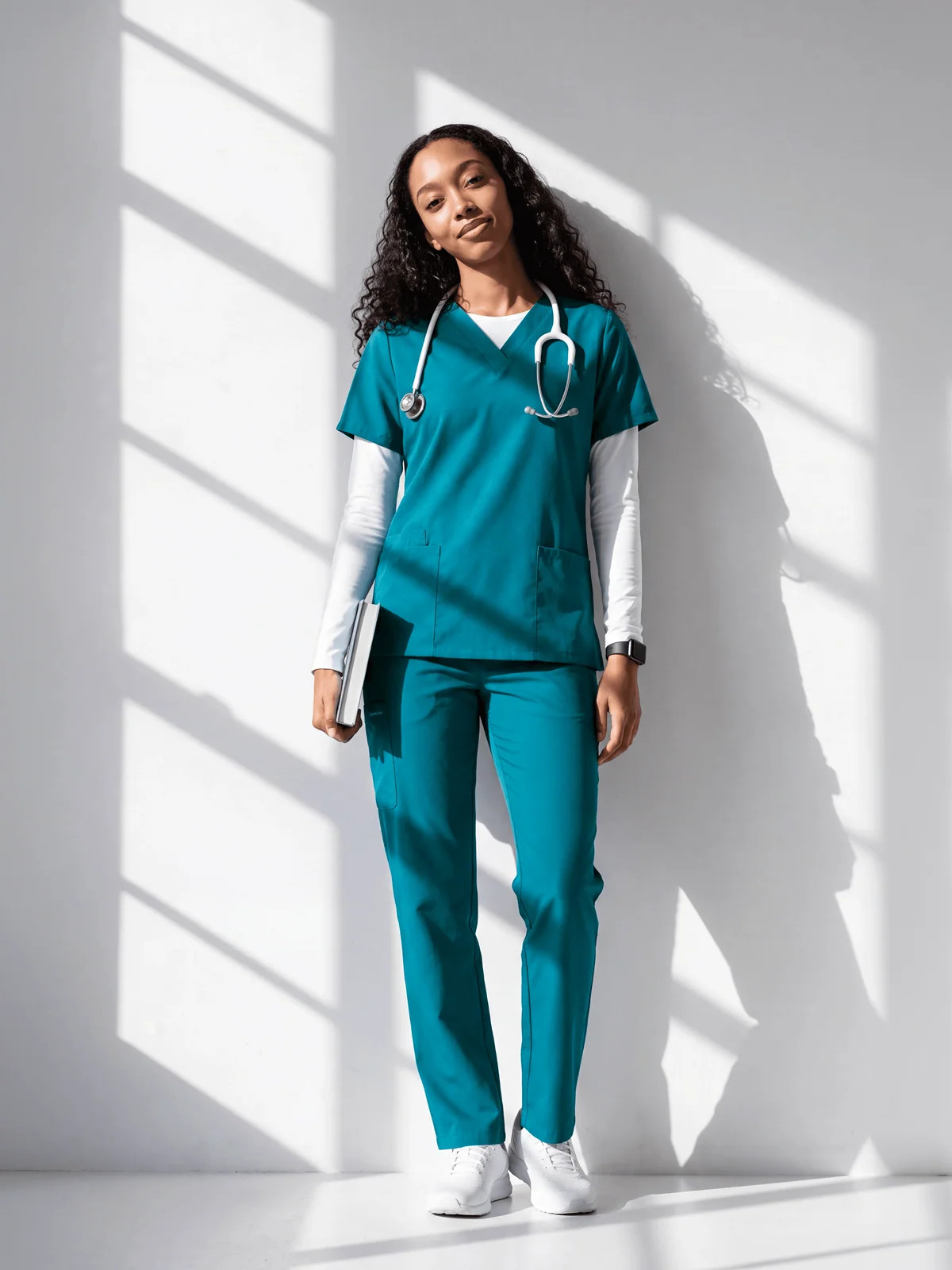 Teal V-Neck Scrub Top Layered Over White Long-Sleeve Shirt with Sneakers Teal V-Neck Scrub Top Layered Over White Long-Sleeve Shirt with Sneakers — Scrubs Outfits 2027