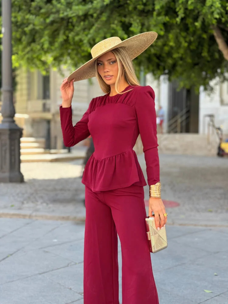 Monochromatic Maroon Peplum Top and Wide-Leg Trousers Monochromatic Maroon Peplum Top and Wide-Leg Trousers — Colorful Outfits 2027