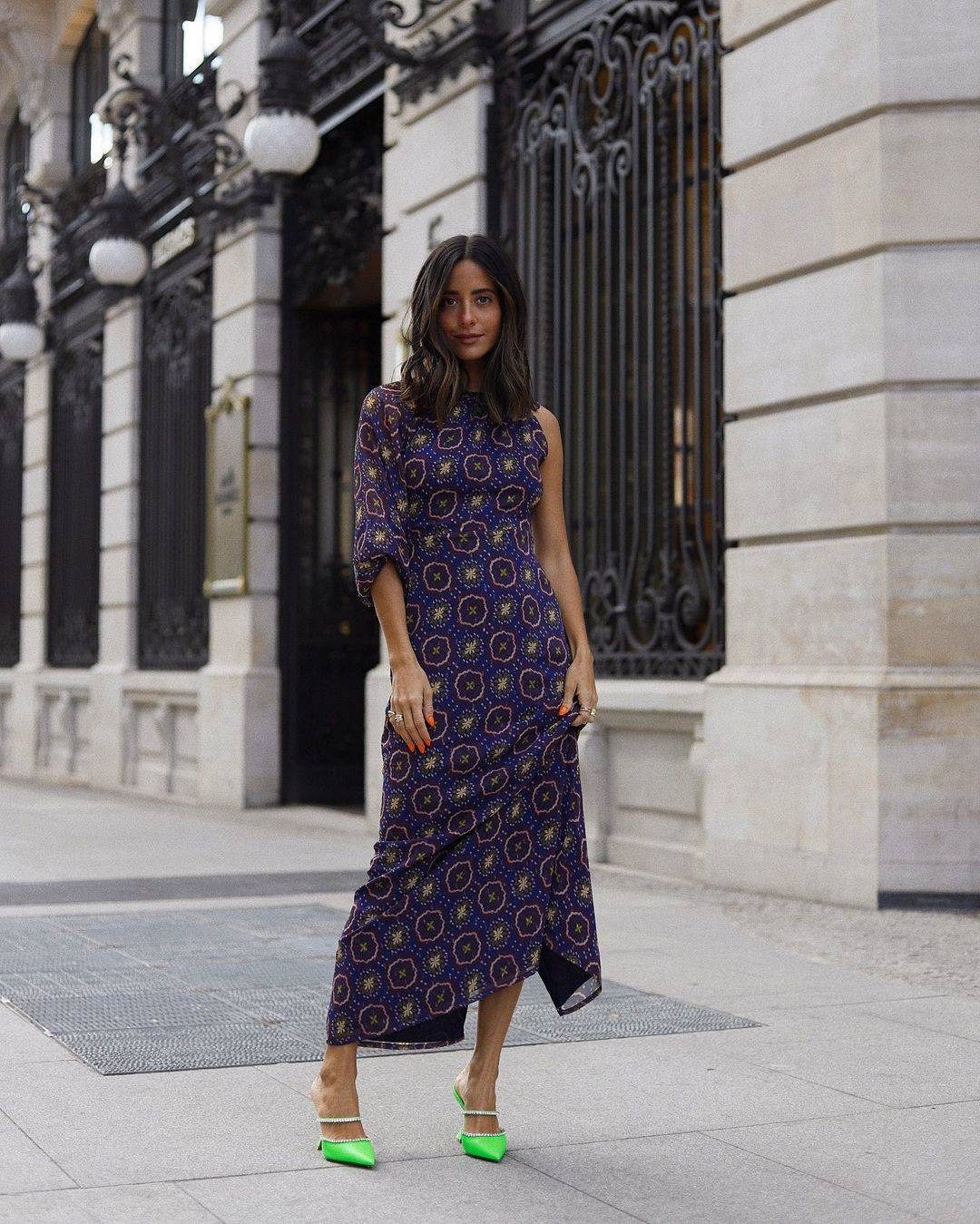 One-Shoulder Midi Dress with Bold Neon Green Mules One-Shoulder Midi Dress with Bold Neon Green Mules — Steakhouse Outfits 2027