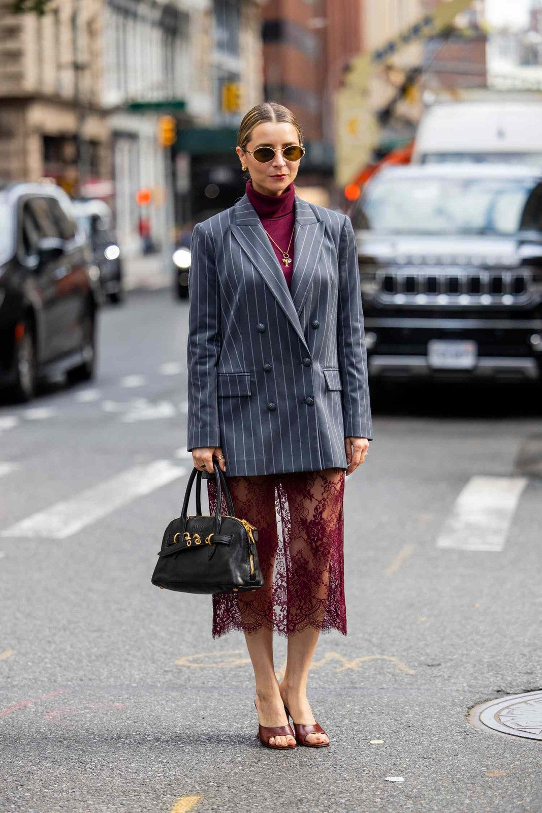 Pinstripe Blazer and Burgundy Lace Dress for Sophisticated Evening Pinstripe Blazer and Burgundy Lace Dress for Sophisticated Evening — Steakhouse Outfits 2027