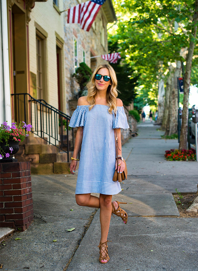 Off-the-Shoulder Stripes with Tan Accessories for Summer Style Off-the-Shoulder Stripes with Tan Accessories for Summer Style — Fourth of July Outfits 2027
