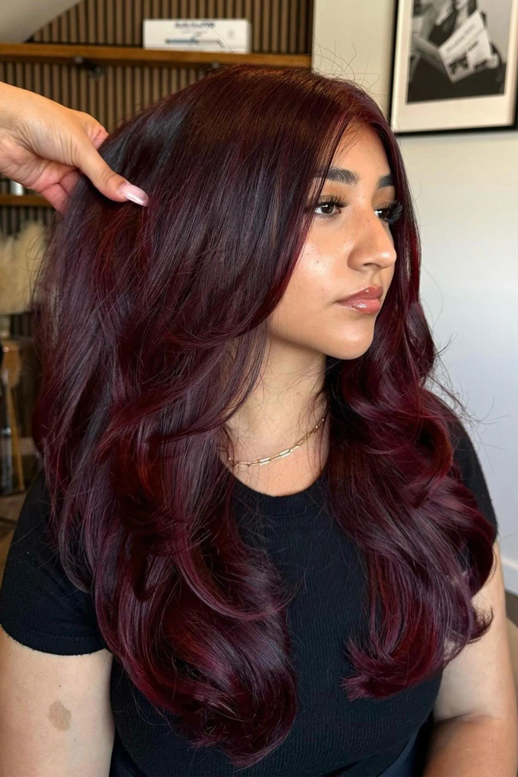 Mid-Back Waves With Curtain Bangs Mid-Back Waves With Curtain Bangs — Black Cherry Hair 2027