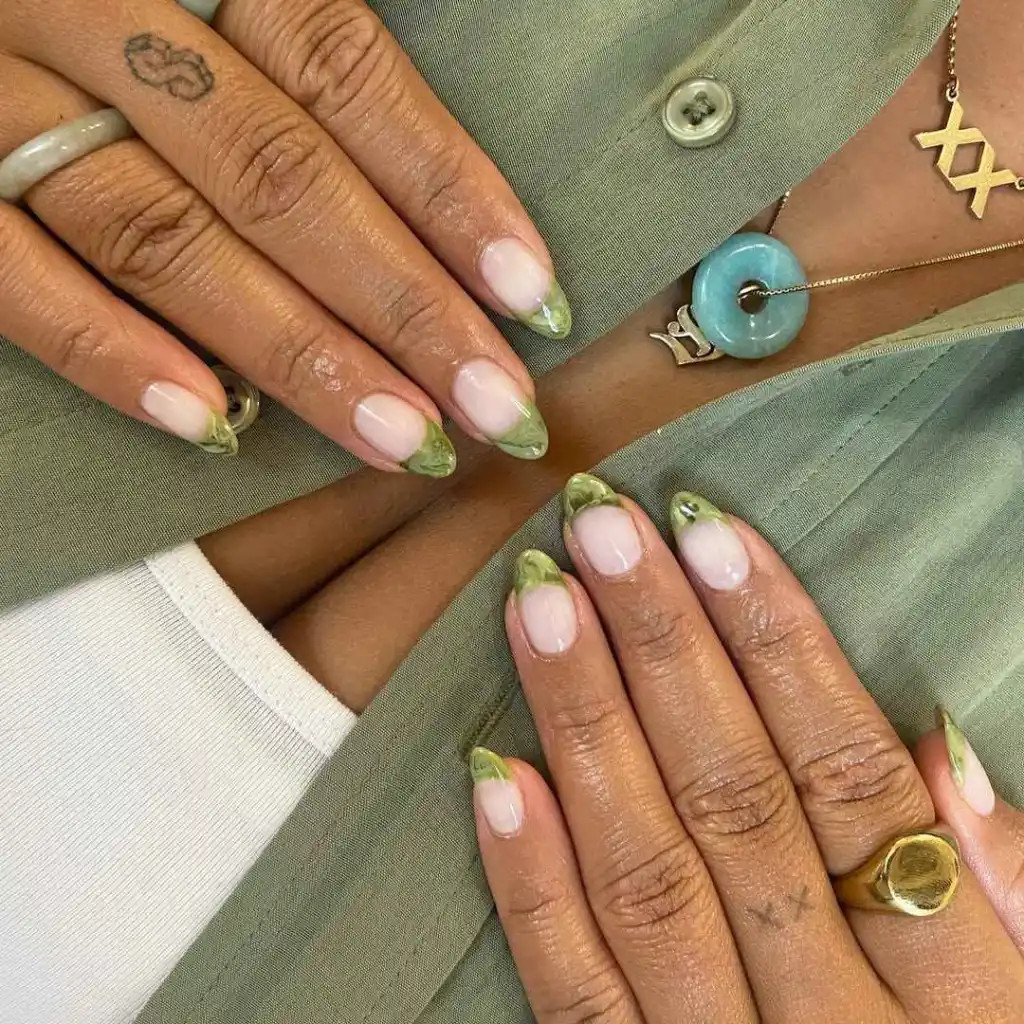 Clear Base Marbled Green French Tips Clear Base Marbled Green French Tips — Green Nails 2027