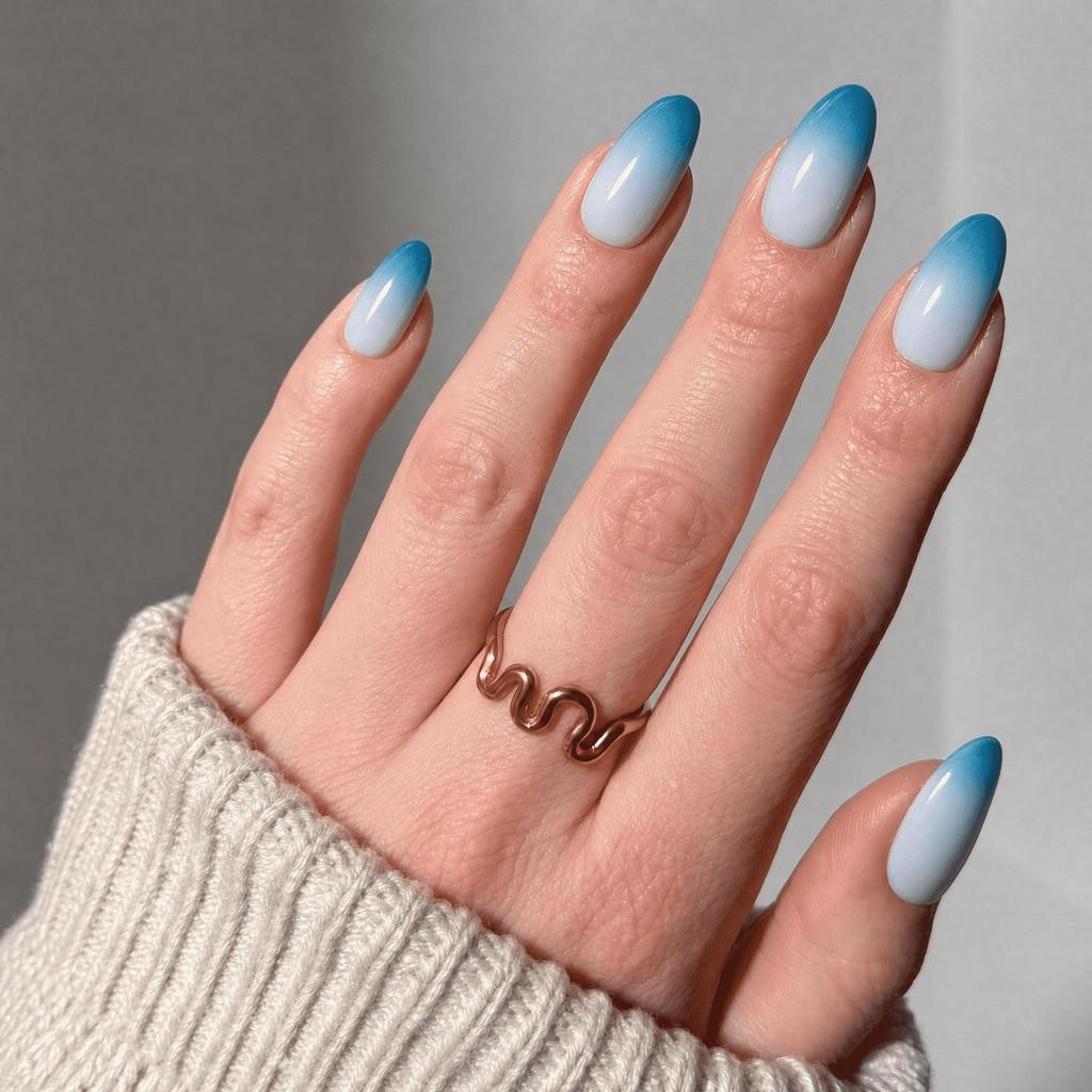 Blue to White Ombre Glossy Oval Nails Blue to White Ombre Glossy Oval Nails — Frosted Nails 2027