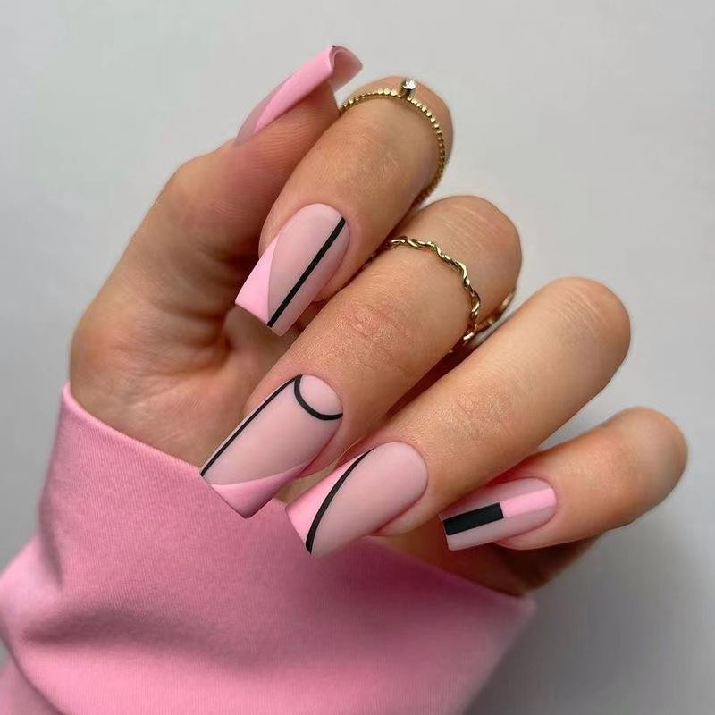 Matte Pale Pink Abstract Line Art Nails Matte Pale Pink Abstract Line Art Nails — Frosted Nails 2027