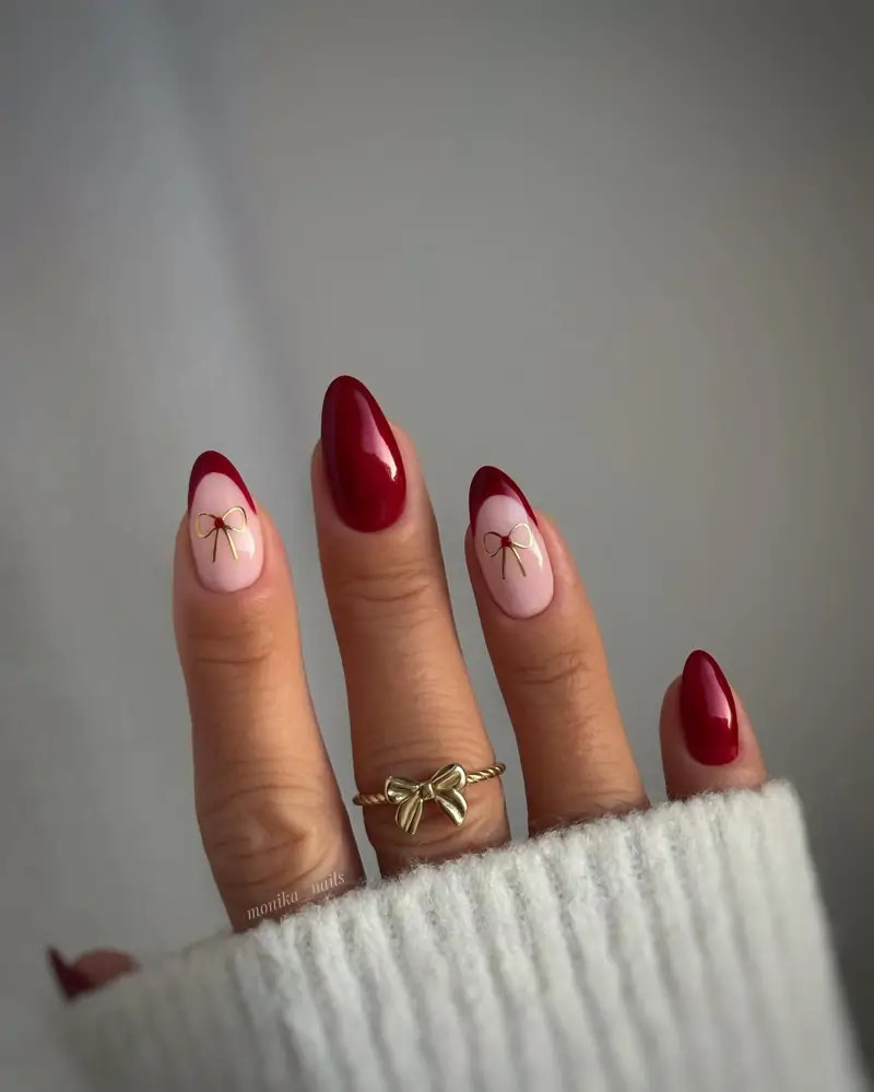 Burgundy and Pale Pink with Gold Bows Burgundy and Pale Pink with Gold Bows — Burgundy Christmas Nails 2026