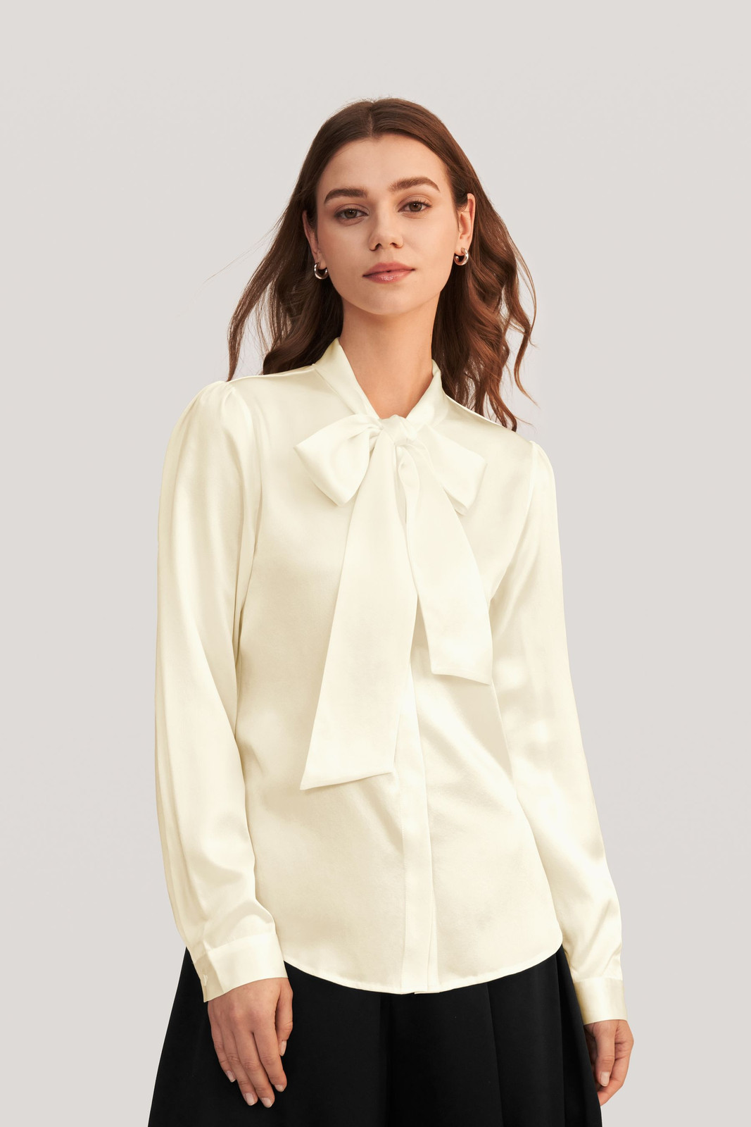 Cream Satin Blouse with Oversized Bow Tie and Flared Skirt for Elevated Style Cream Satin Blouse with Oversized Bow Tie and Flared Skirt for Elevated Style — Bow Tie Outfits for Women 2027