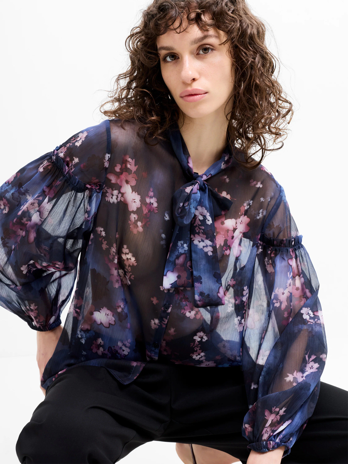 Sheer Floral Pussy-Bow Blouse with Wide-Leg Trousers for Evening Wear Bow Tie Outfits for Women 2027