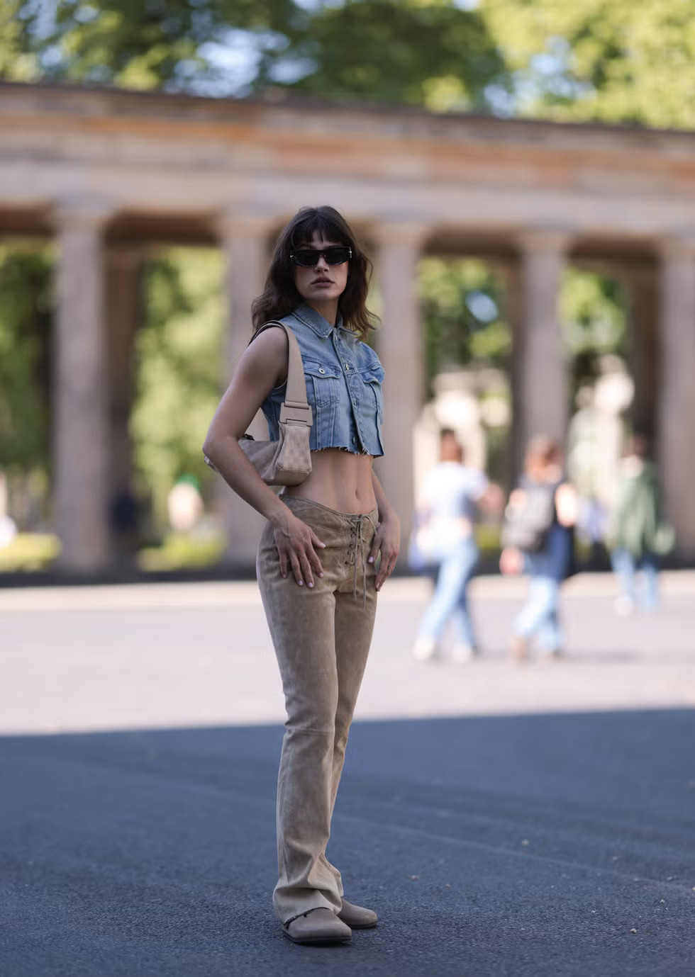 Relaxed Velour Pants with Cropped Denim Vest — Boston Outfits 2027