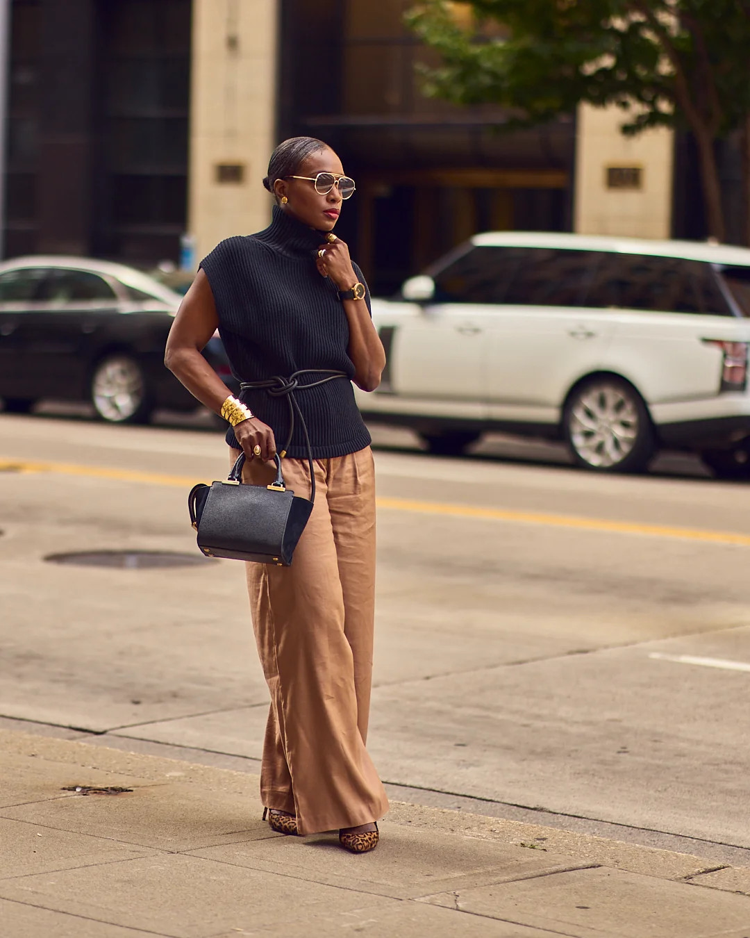 Wide-Leg Trousers with Black Turtleneck and Leopard Flats — Boston Outfits 2027