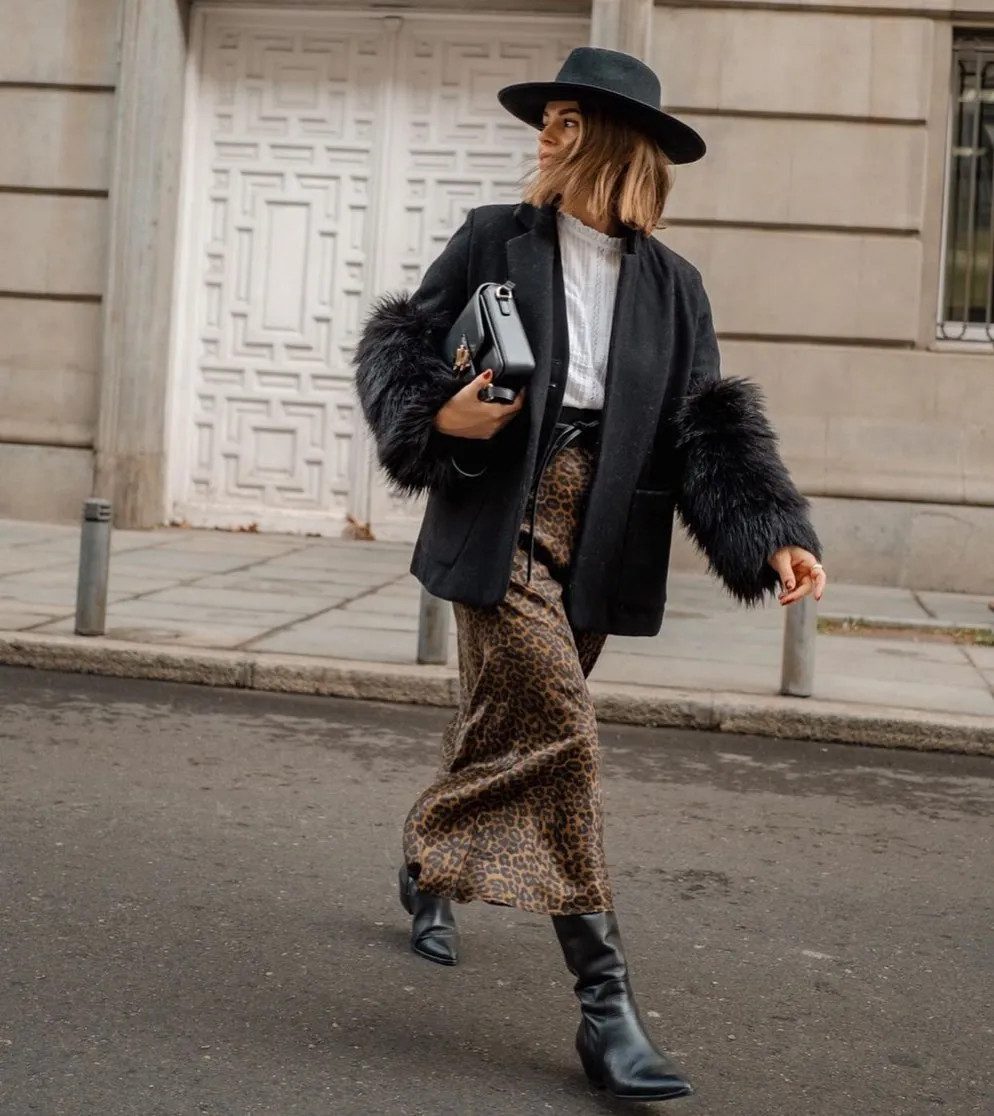 Leopard Print Trousers and Faux Fur Cuffs with a Black Hat Leopard Print Trousers and Faux Fur Cuffs with a Black Hat — Cowboy Hat Outfits 2027