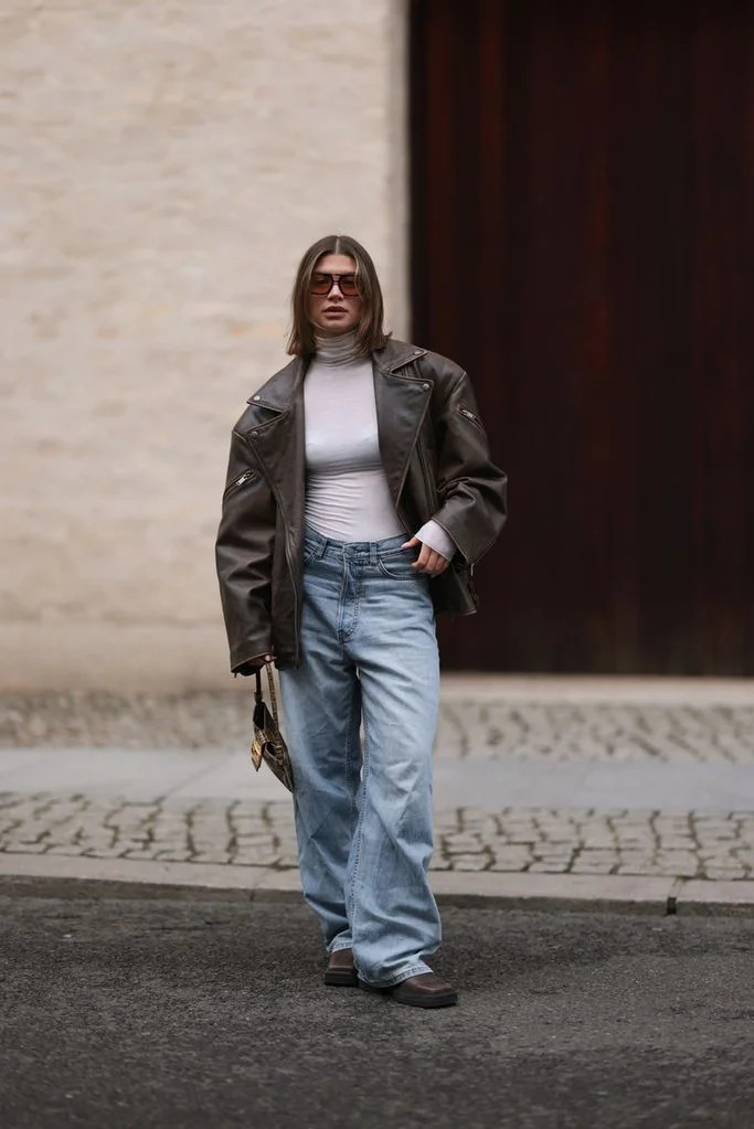 Relaxed 80s Biker Jacket and Wide-Leg Jeans — 80s Outfits 2027