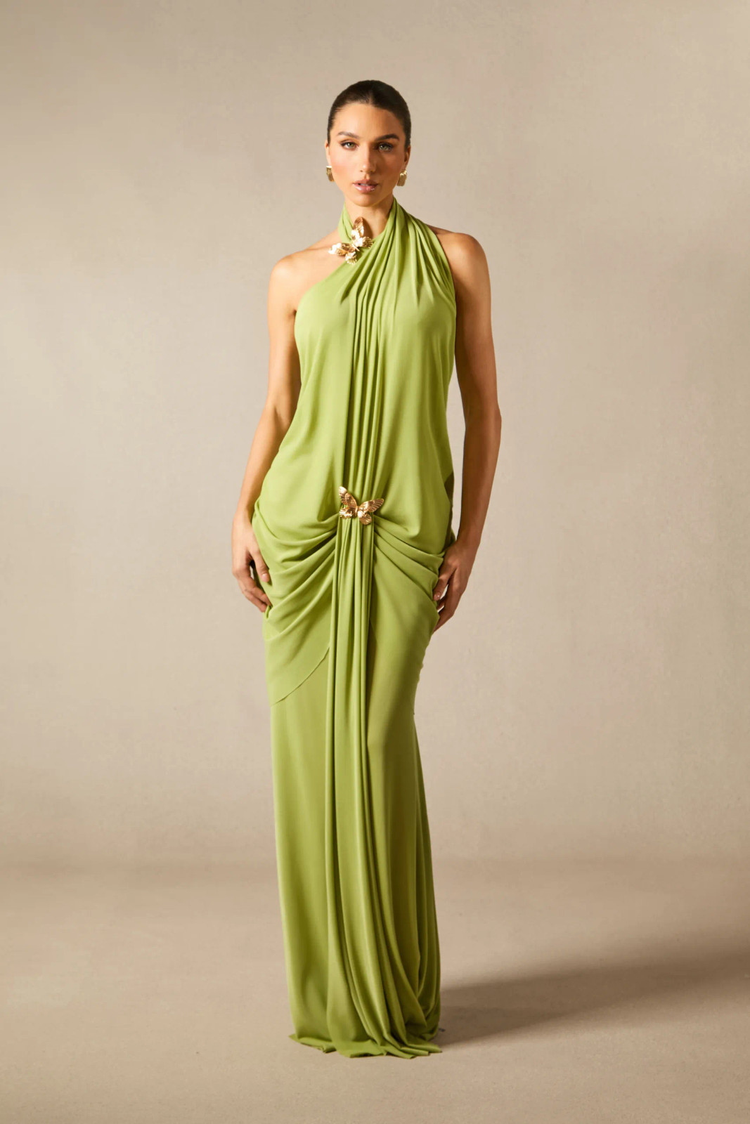 Lime Green Halter Neck Gown with Butterfly Embellishment Lime Green Halter Neck Gown with Butterfly Embellishment — Honeymoon Dresses 2027