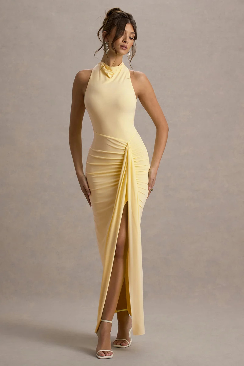 Pale Yellow Ruched Jersey Dress with High Slit for Evening Elegance Pale Yellow Ruched Jersey Dress with High Slit for Evening Elegance — Honeymoon Dresses 2027
