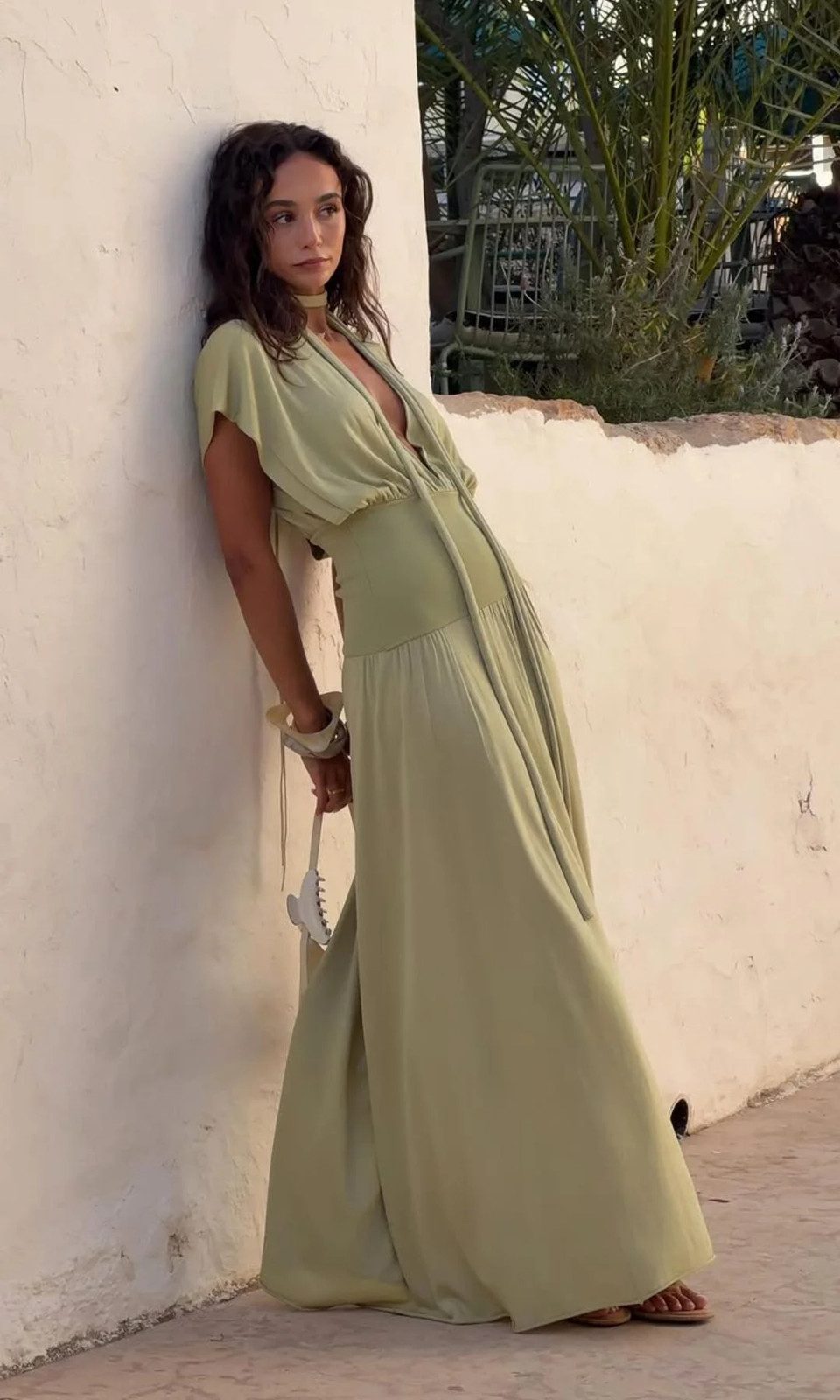 Sage Green Crepe Maxi Dress for Chic Resort Wear Honeymoon Dresses 2027