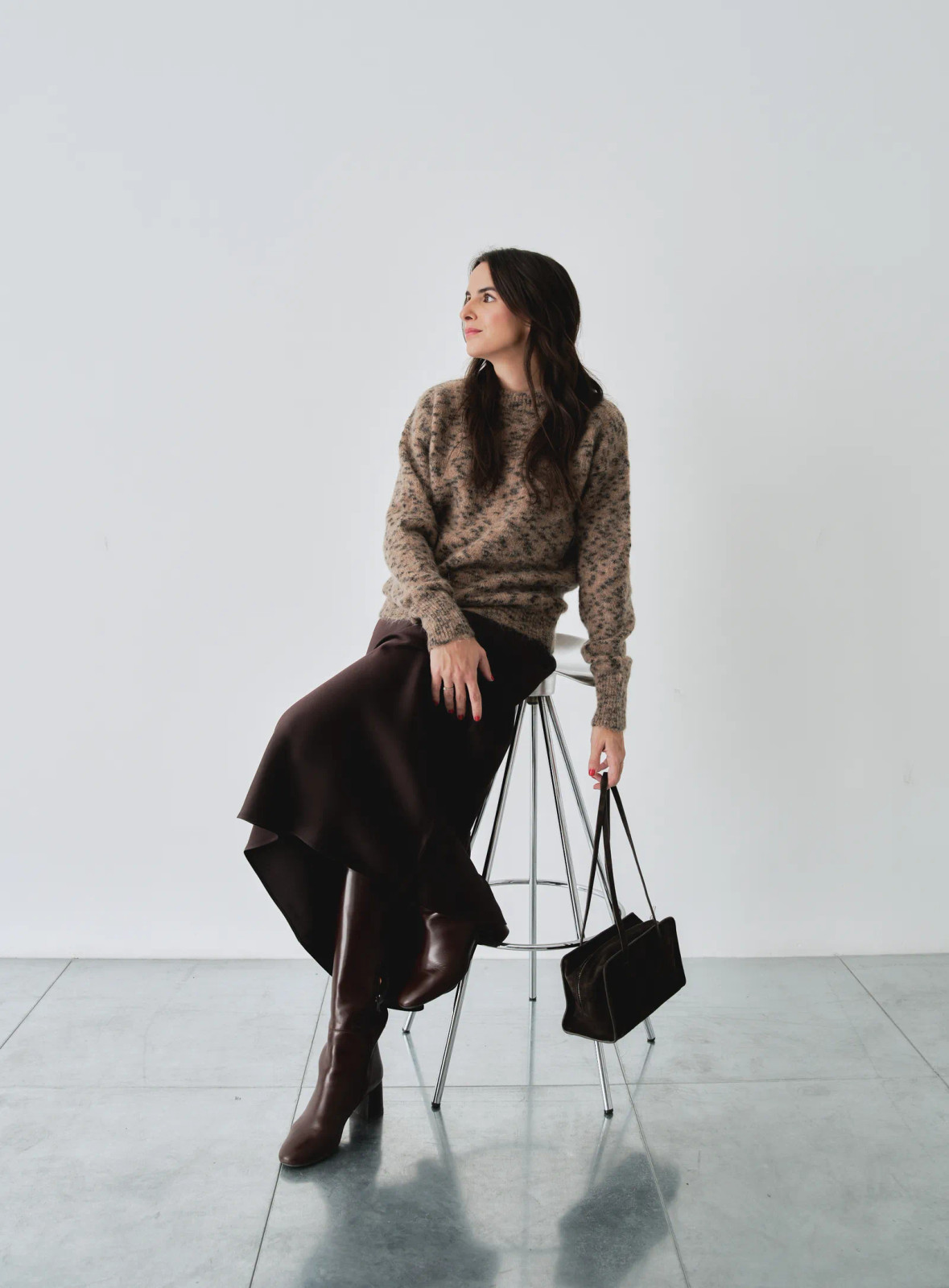 Textured Knit Sweater with Satin A-Line Skirt Textured Knit Sweater with Satin A-Line Skirt — Business Formal Outfits 2027