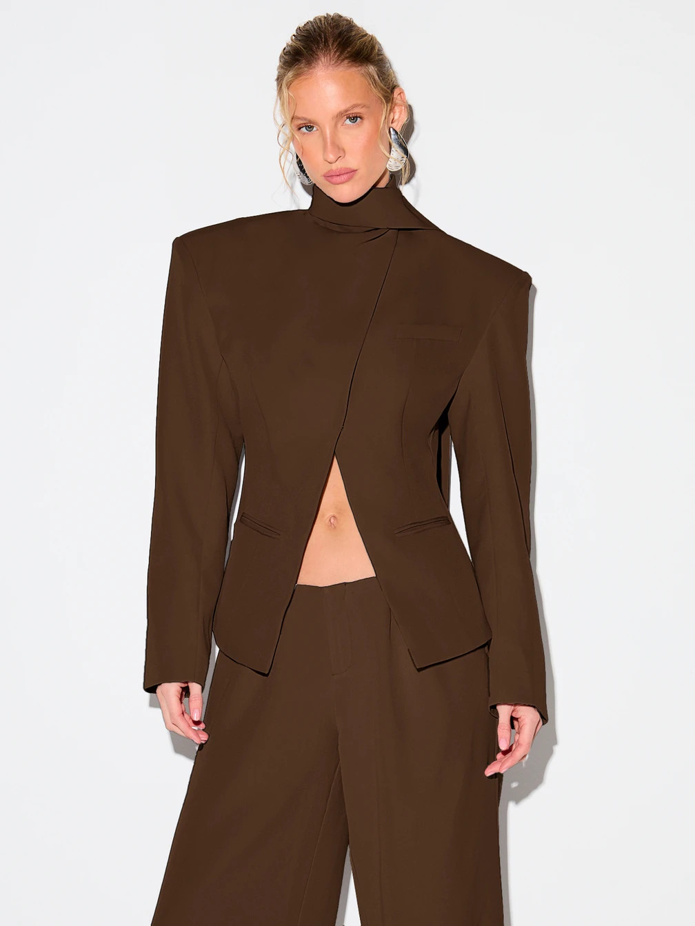 Avant-Garde Brown Blazer with Statement Earrings Avant-Garde Brown Blazer with Statement Earrings — Business Formal Outfits 2027