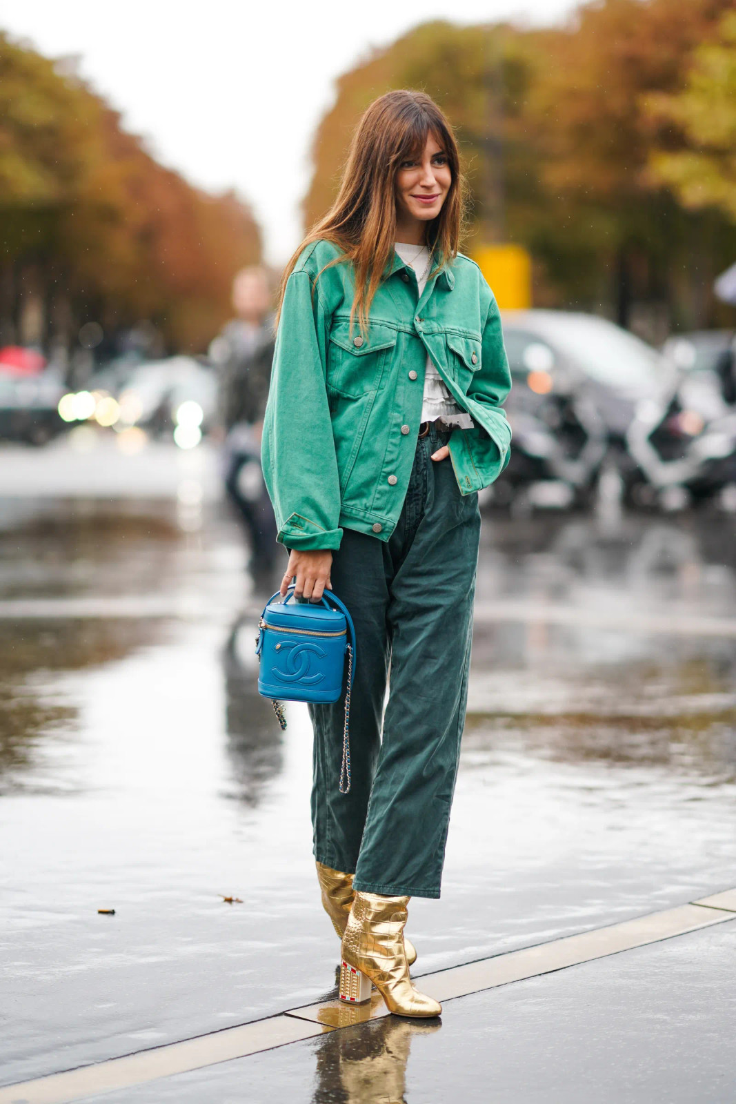 Forest Green Denim Jacket and Trousers with Ruffled Top Forest Green Denim Jacket and Trousers with Ruffled Top — Forest Green Outfits 2027