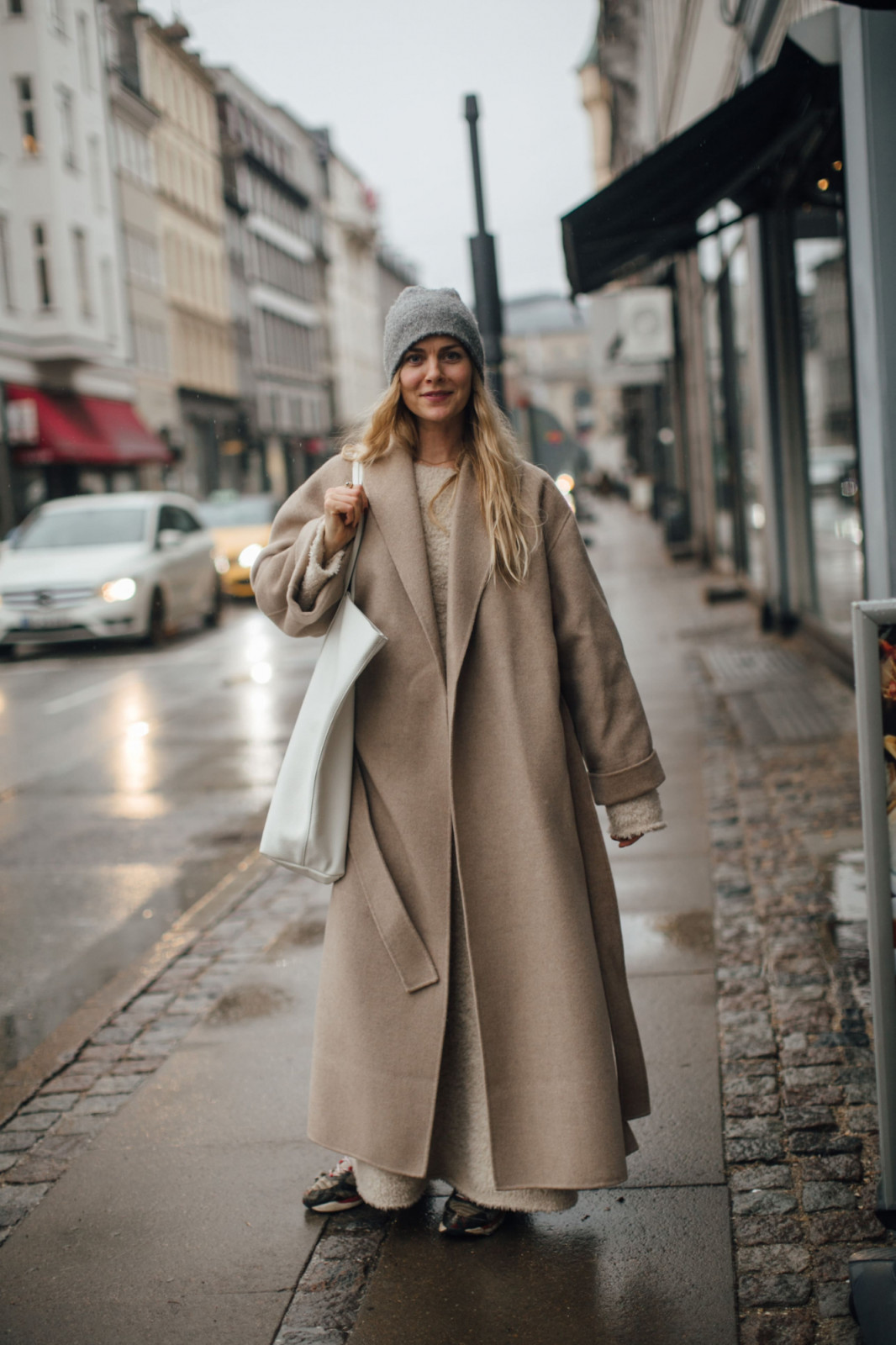Long Beige Coat Over Knit Maxi Dress Long Beige Coat Over Knit Maxi Dress — Winter Cream Outfits 2027