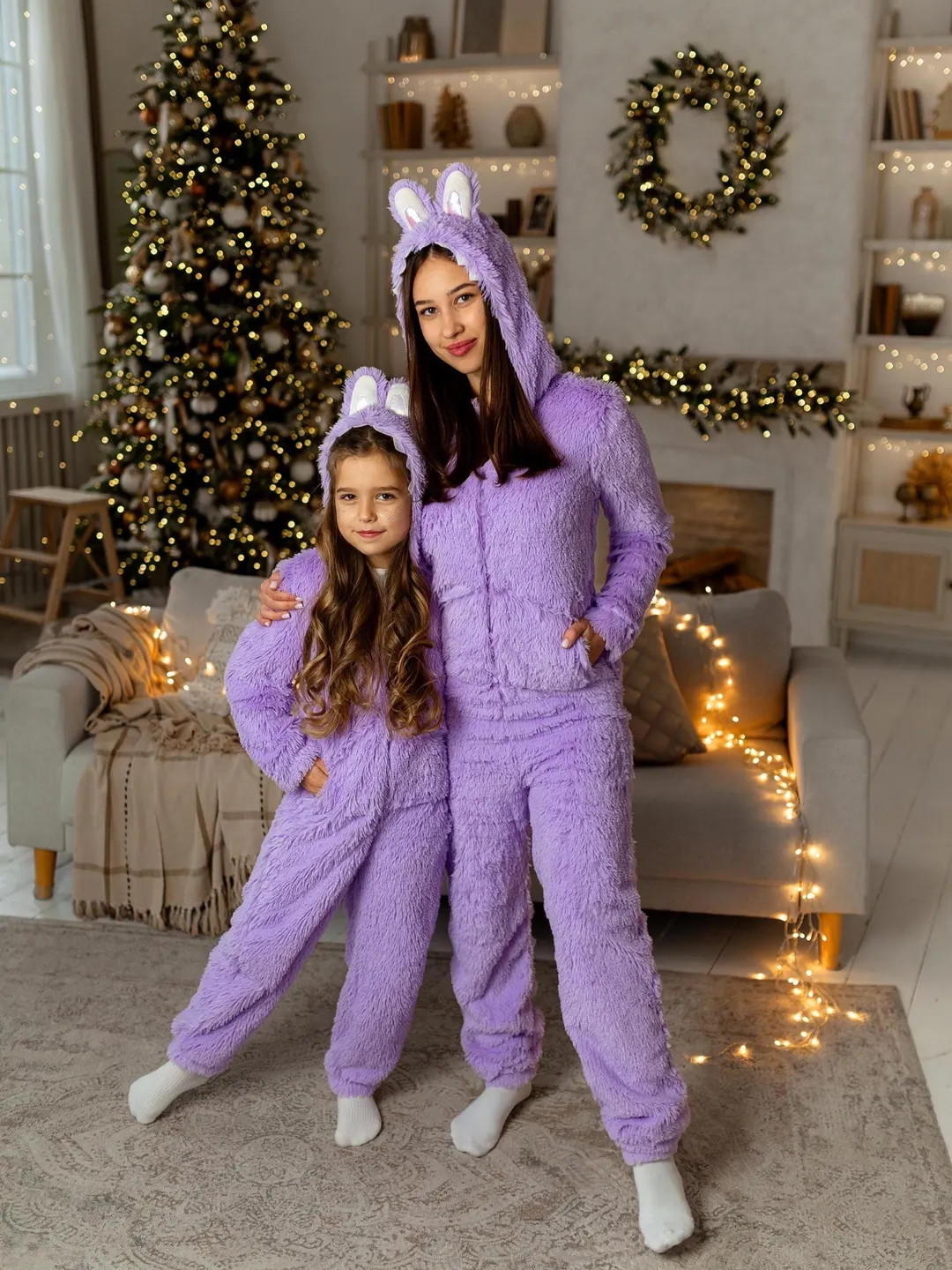 Lavender Fluffy Fleece Hooded Onesies with Bunny Ears Lavender Fluffy Fleece Hooded Onesies with Bunny Ears — Matching Christmas Outfits 2026