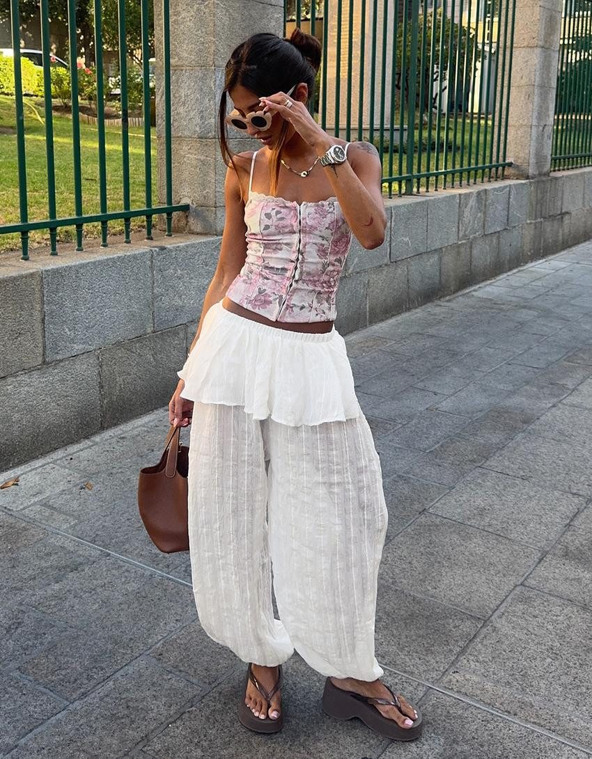 Playful Femininity: Pink Floral Corset with Ruffled Tiered Pants Playful Femininity: Pink Floral Corset with Ruffled Tiered Pants — Floral Corset Top Outfits 2027