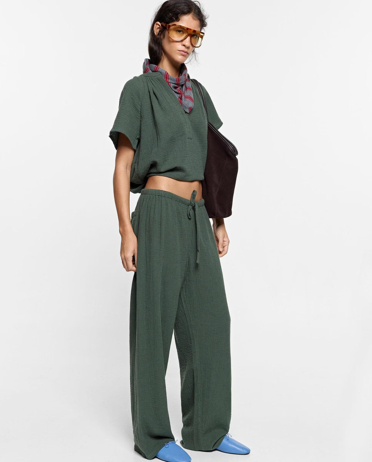 Olive Green Gauze Top and Pants with Casual Accessories Olive Green Gauze Top and Pants with Casual Accessories — Dorm Outfits 2027
