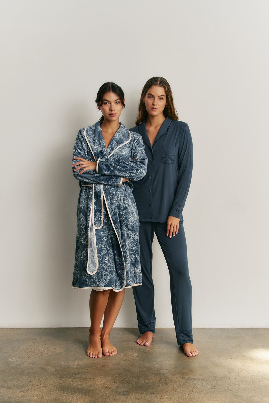 Navy Pajama Set with a Blue Patterned Robe Layer Navy Pajama Set with a Blue Patterned Robe Layer — Dorm Outfits 2027