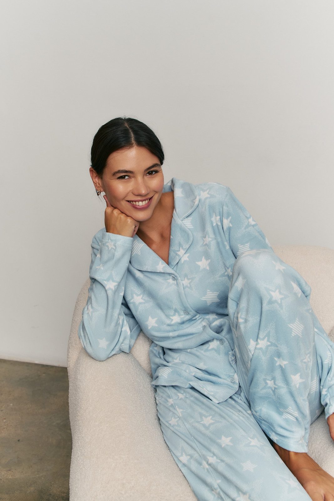 Light Blue Fleece Pajama Set with White Star Print Light Blue Fleece Pajama Set with White Star Print — Dorm Outfits 2027