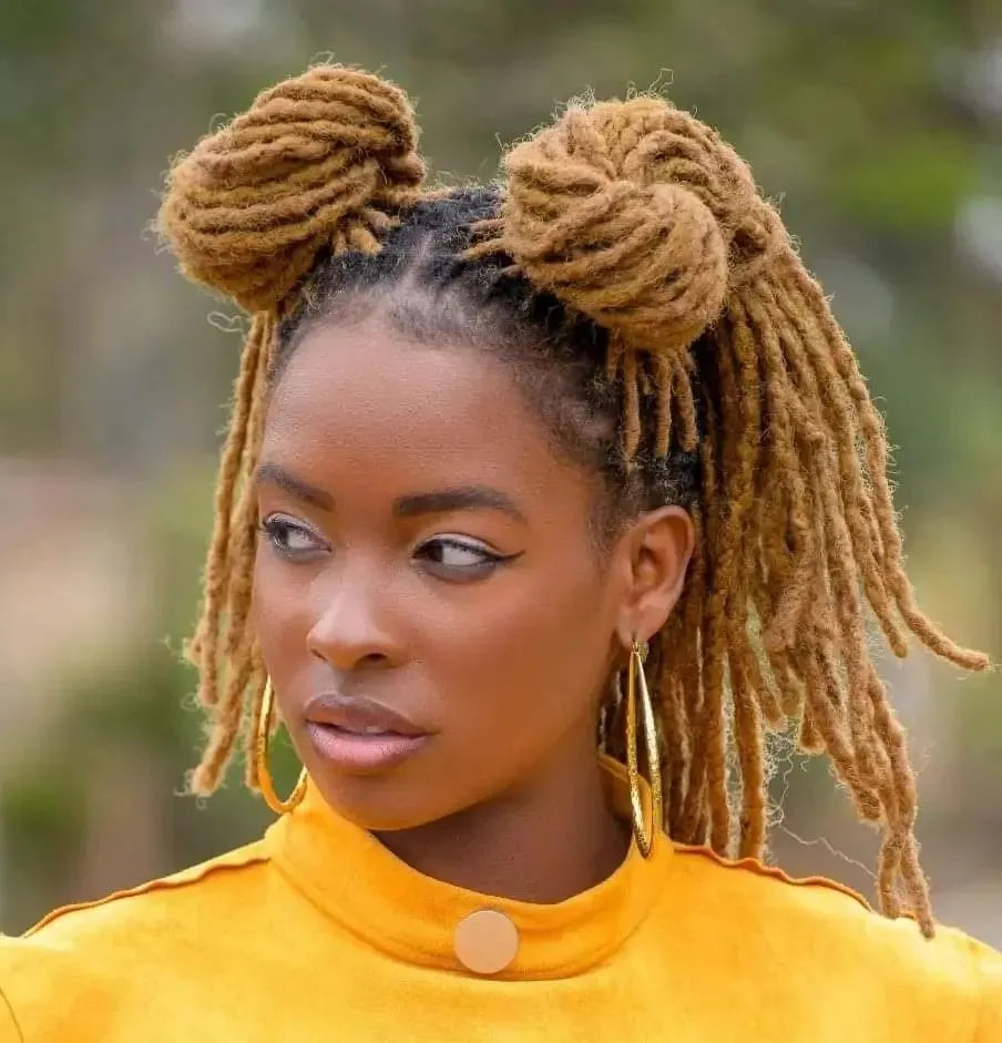 Shoulder Length Space Buns With Honey Blonde Shoulder Length Space Buns With Honey Blonde — Honey Blonde Locs 2027